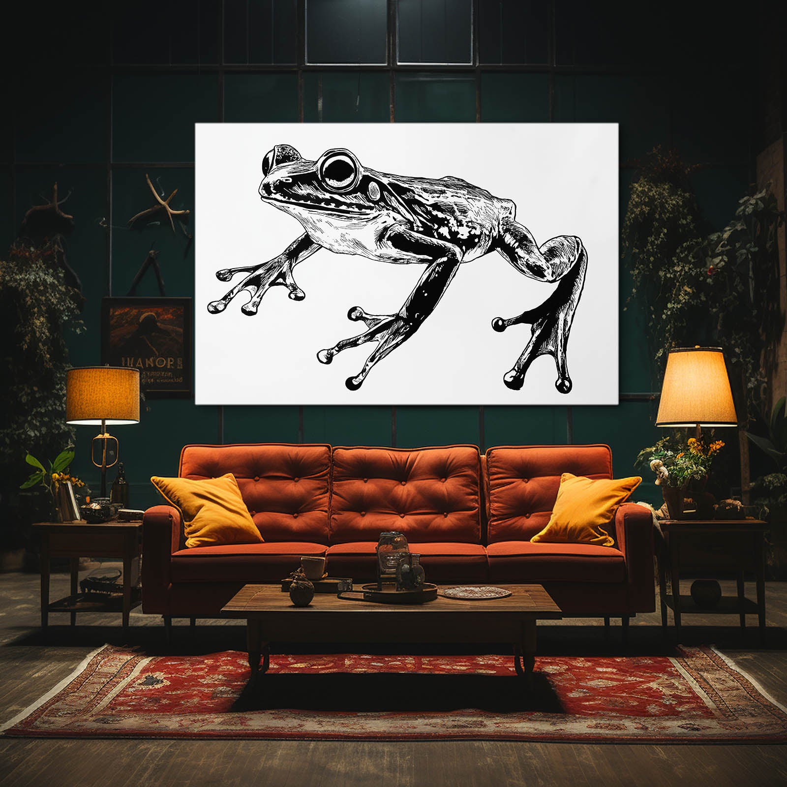 Leaping Ink Sketch Frog Canvas Art – styled in a furnished interior