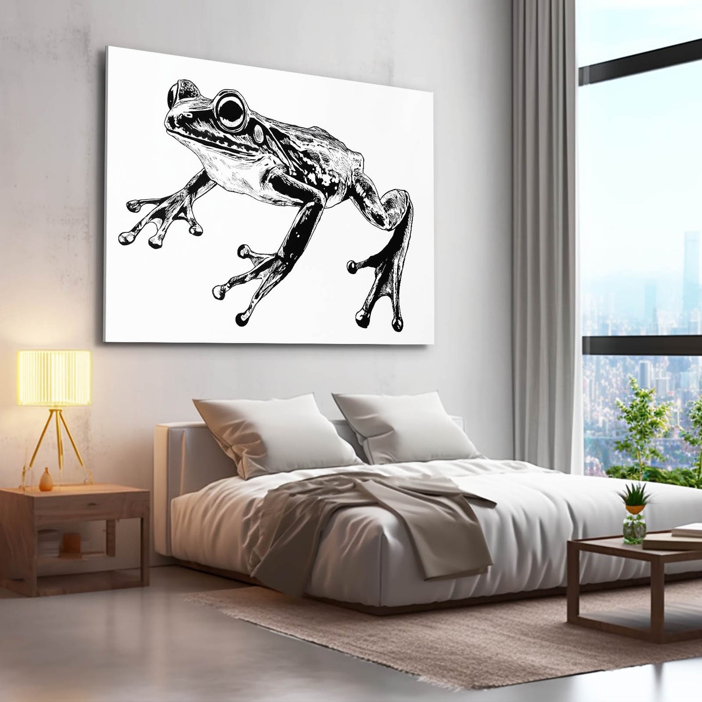 Leaping Ink Sketch Frog Canvas Art – styled in a furnished interior
