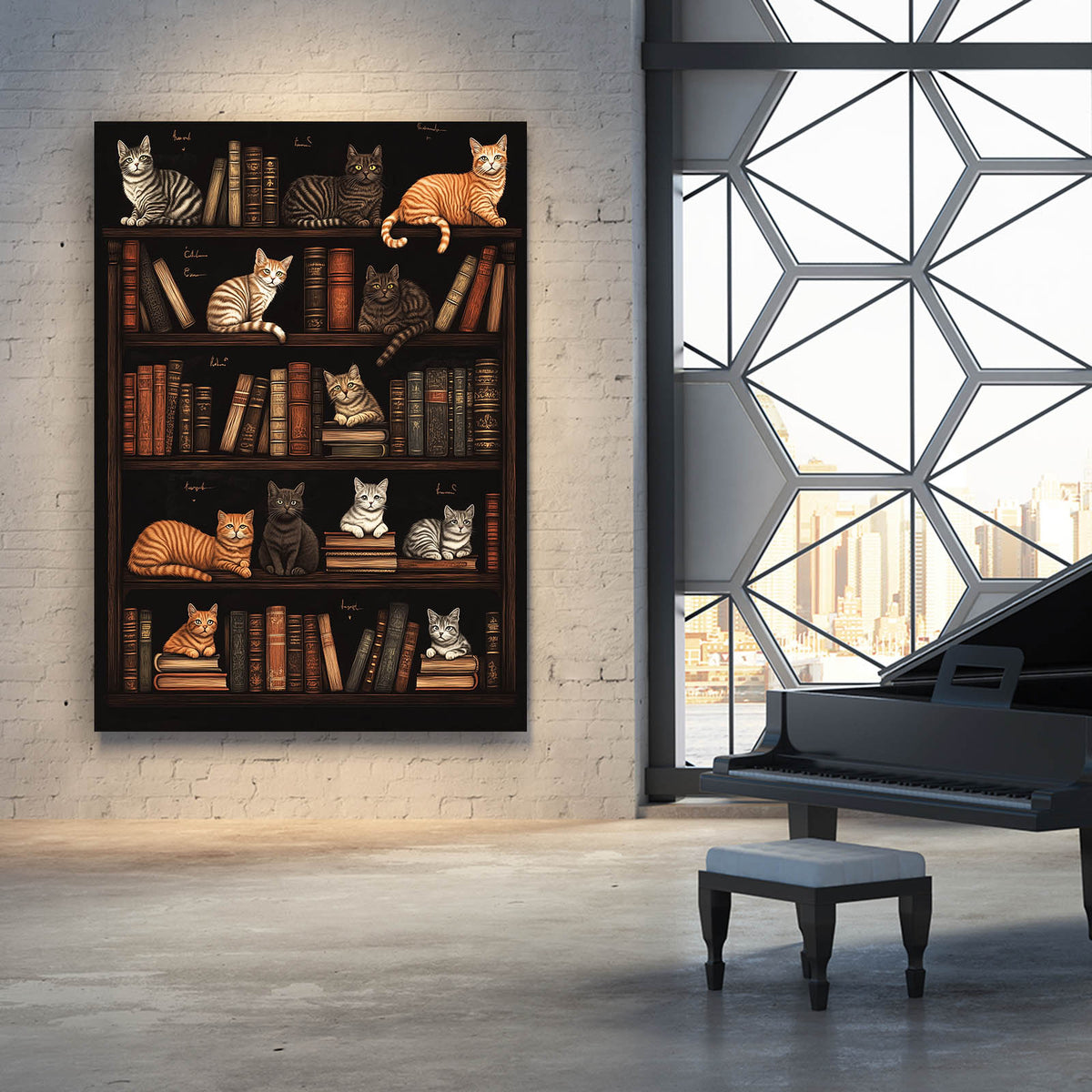 Library Shelf Cats Wall Decor — contemporary canvas print, styled in a furnished interior