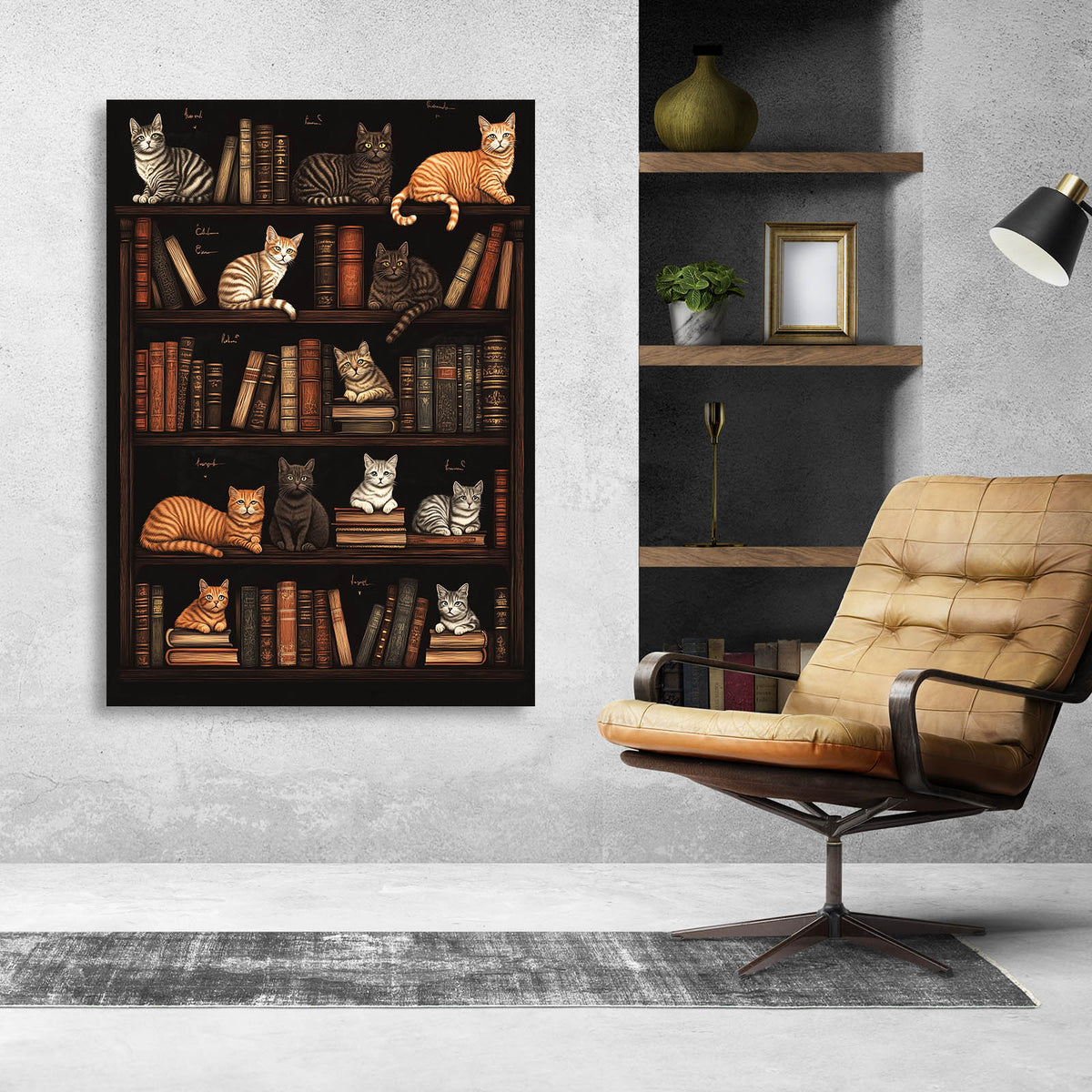 Library Shelf Cats Wall Decor — contemporary canvas print, styled in a furnished interior