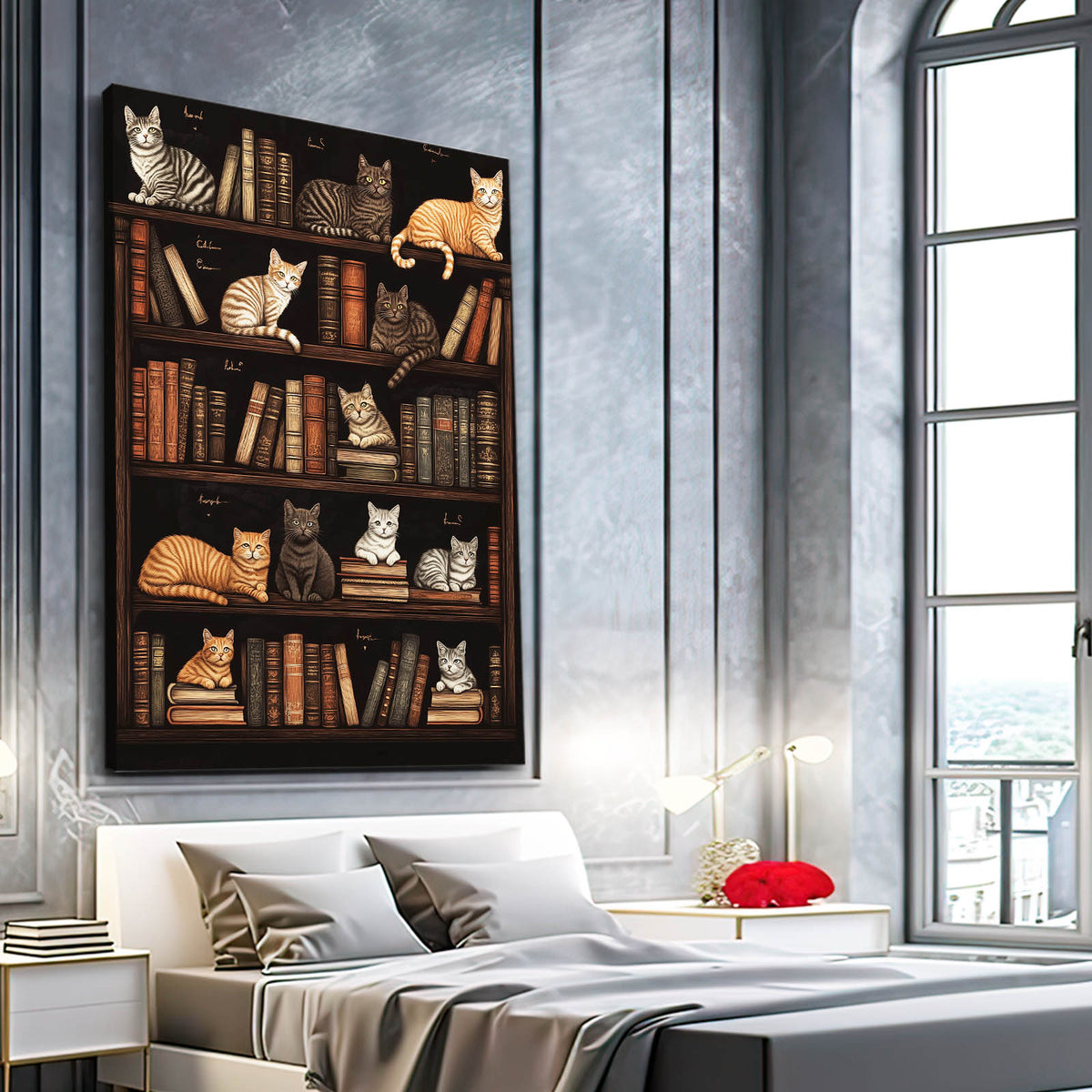 Library Shelf Cats Wall Decor — contemporary canvas print, styled in a furnished interior
