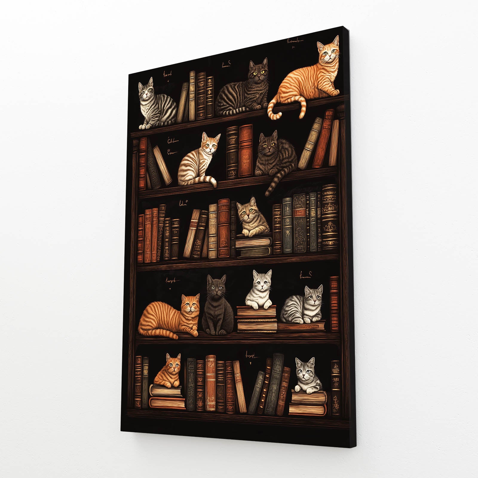 Library Shelf Cats Wall Decor — contemporary canvas print, angled canvas view on white background