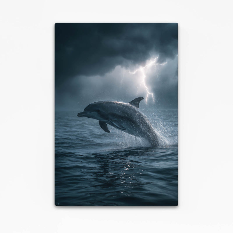 Lightning Storm Dolphin Art – dolphin leaping from a dark sea as lightning splits the storm sky