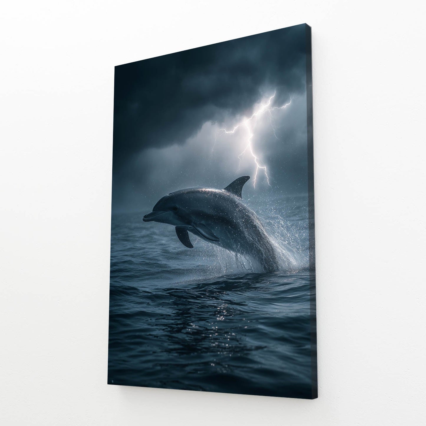 Lightning Storm Dolphin Art – angled canvas view on white background