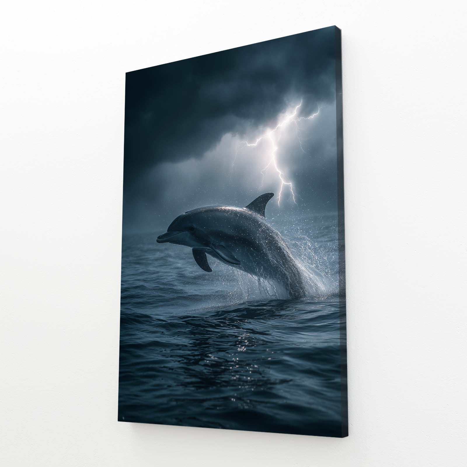 Lightning Storm Dolphin Art – angled canvas view on white background