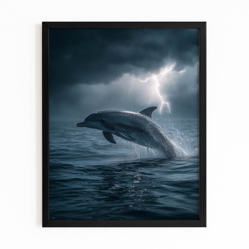Lightning Storm Dolphin Art – with Premium Black wood frame on white background