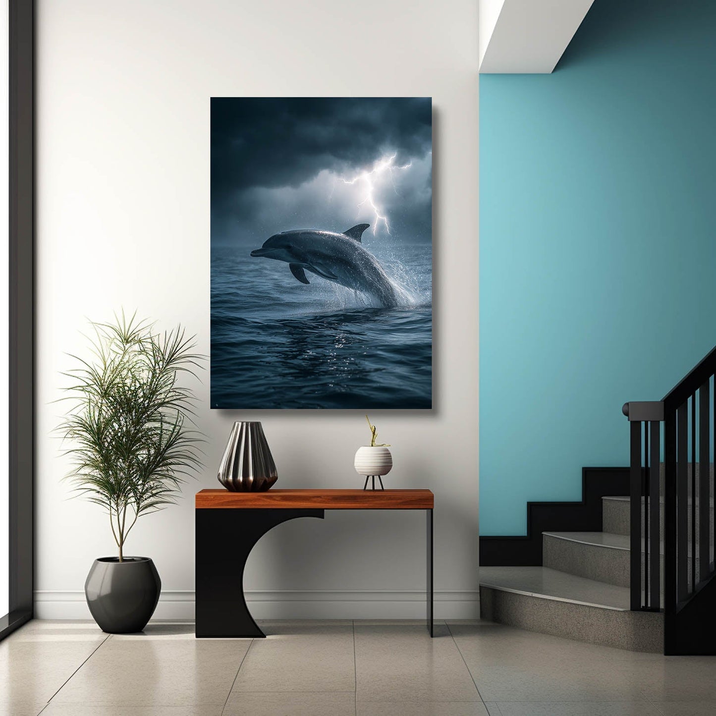 Lightning Storm Dolphin Art – styled in a furnished interior