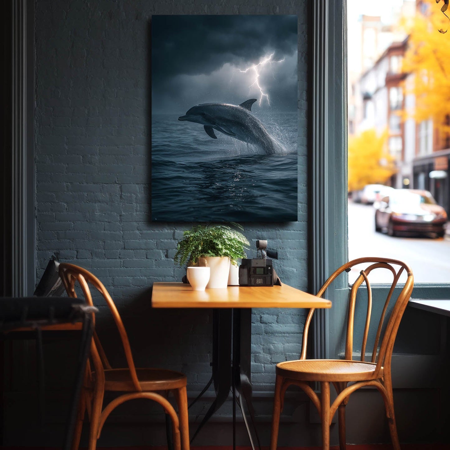 Lightning Storm Dolphin Art – styled in a furnished interior