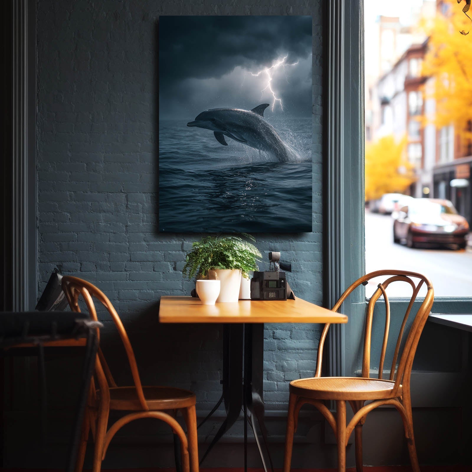 Lightning Storm Dolphin Art – styled in a furnished interior