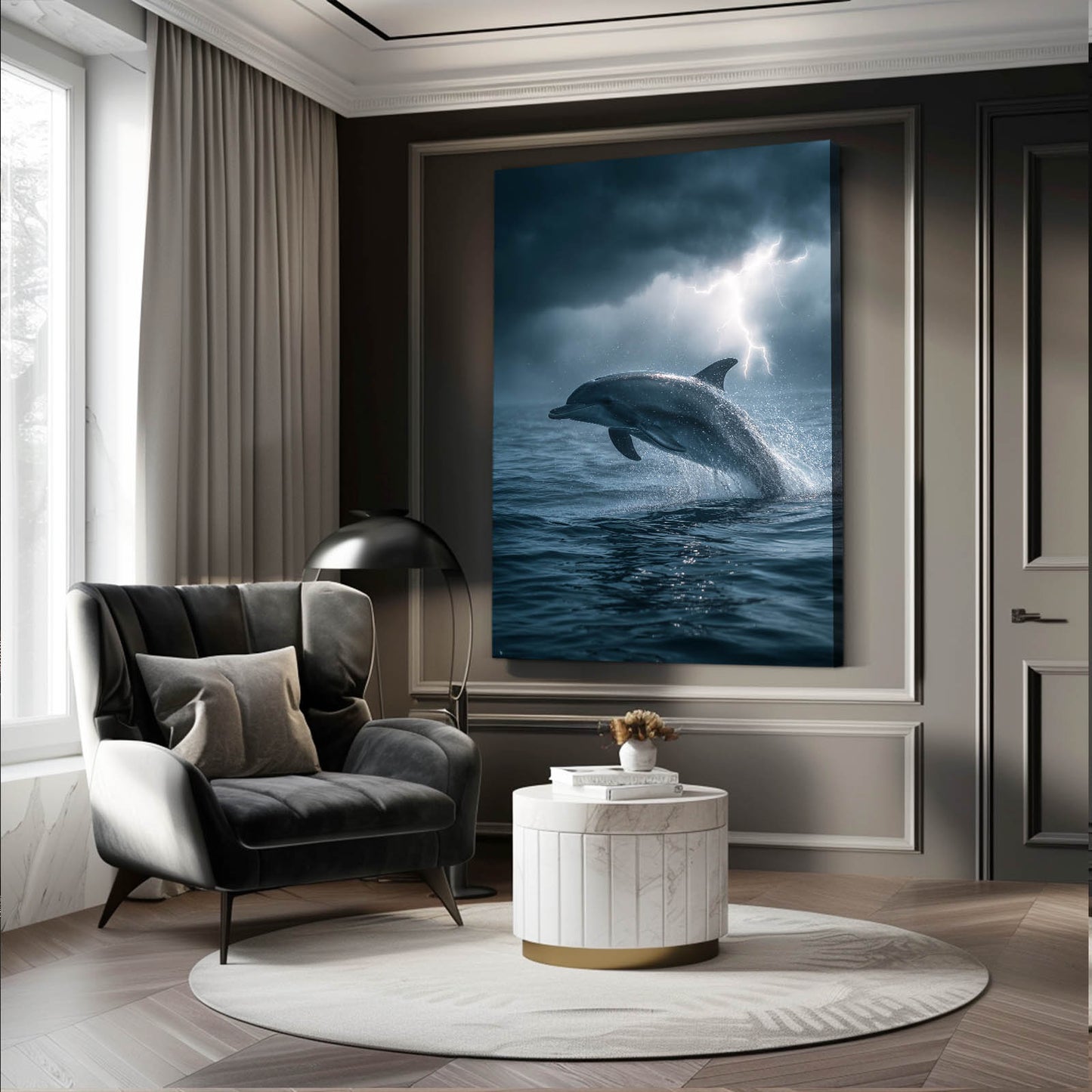 Lightning Storm Dolphin Art – styled in a furnished interior