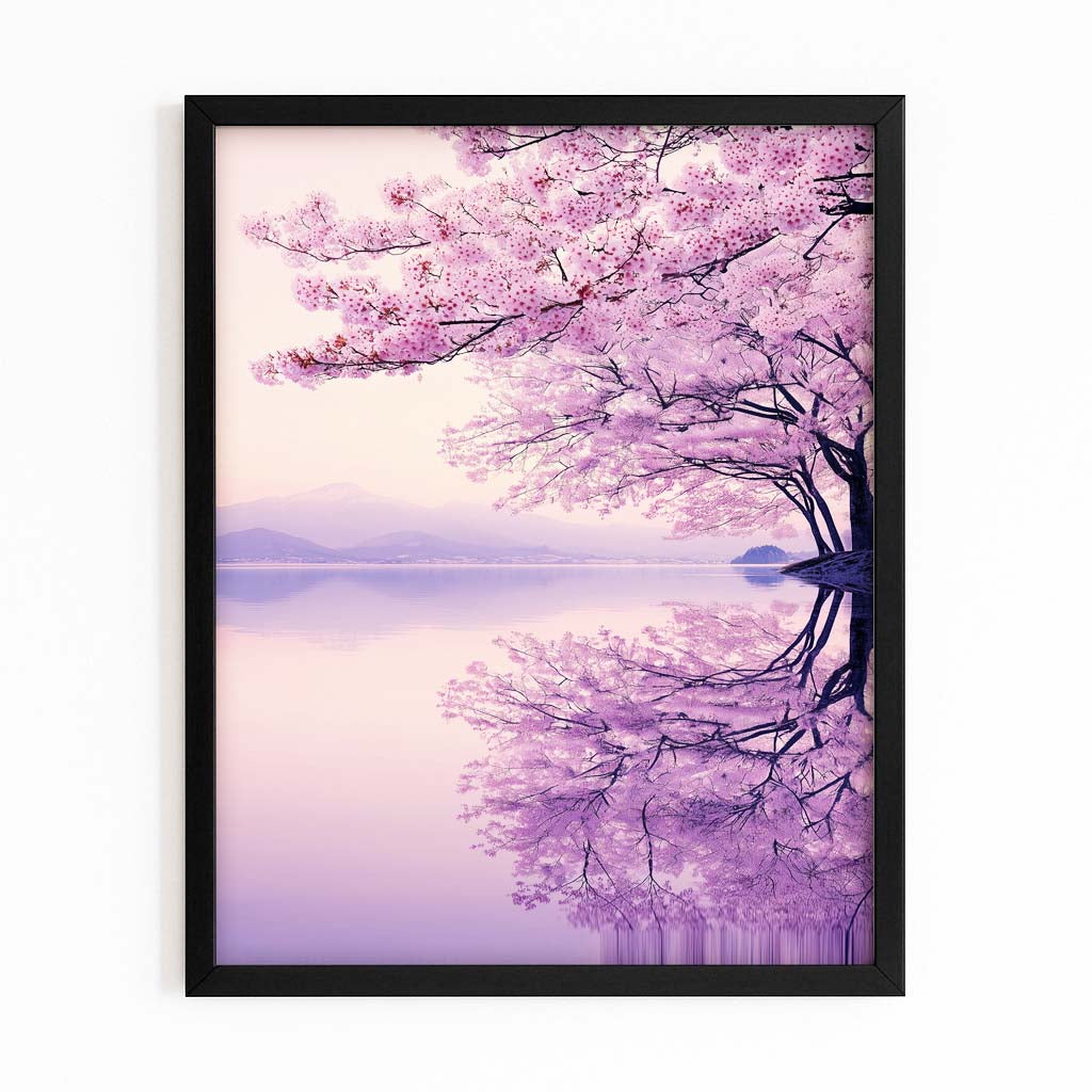 Lilac Lake Mist Cherry Blossom Wall Art – with Premium Black frame on white background