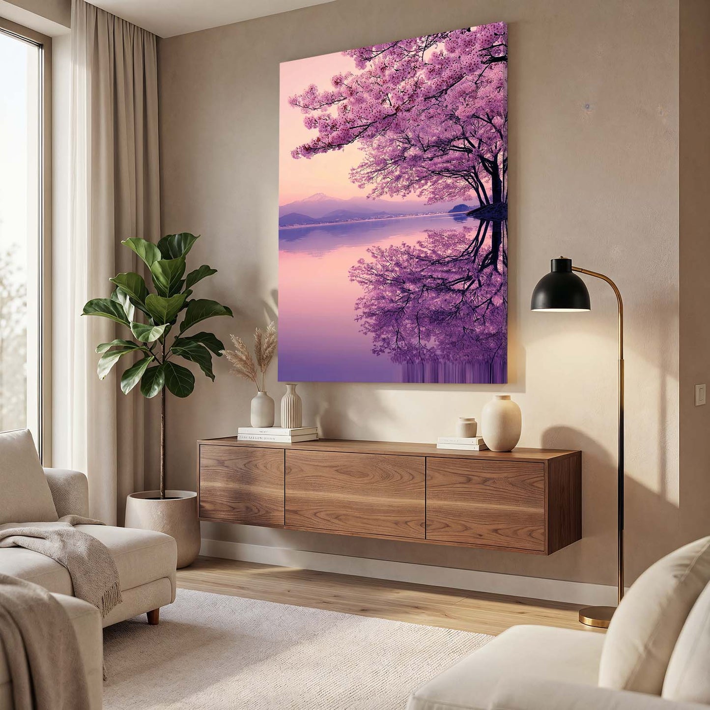 Lilac Lake Mist Cherry Blossom Wall Art – styled in a furnished interior