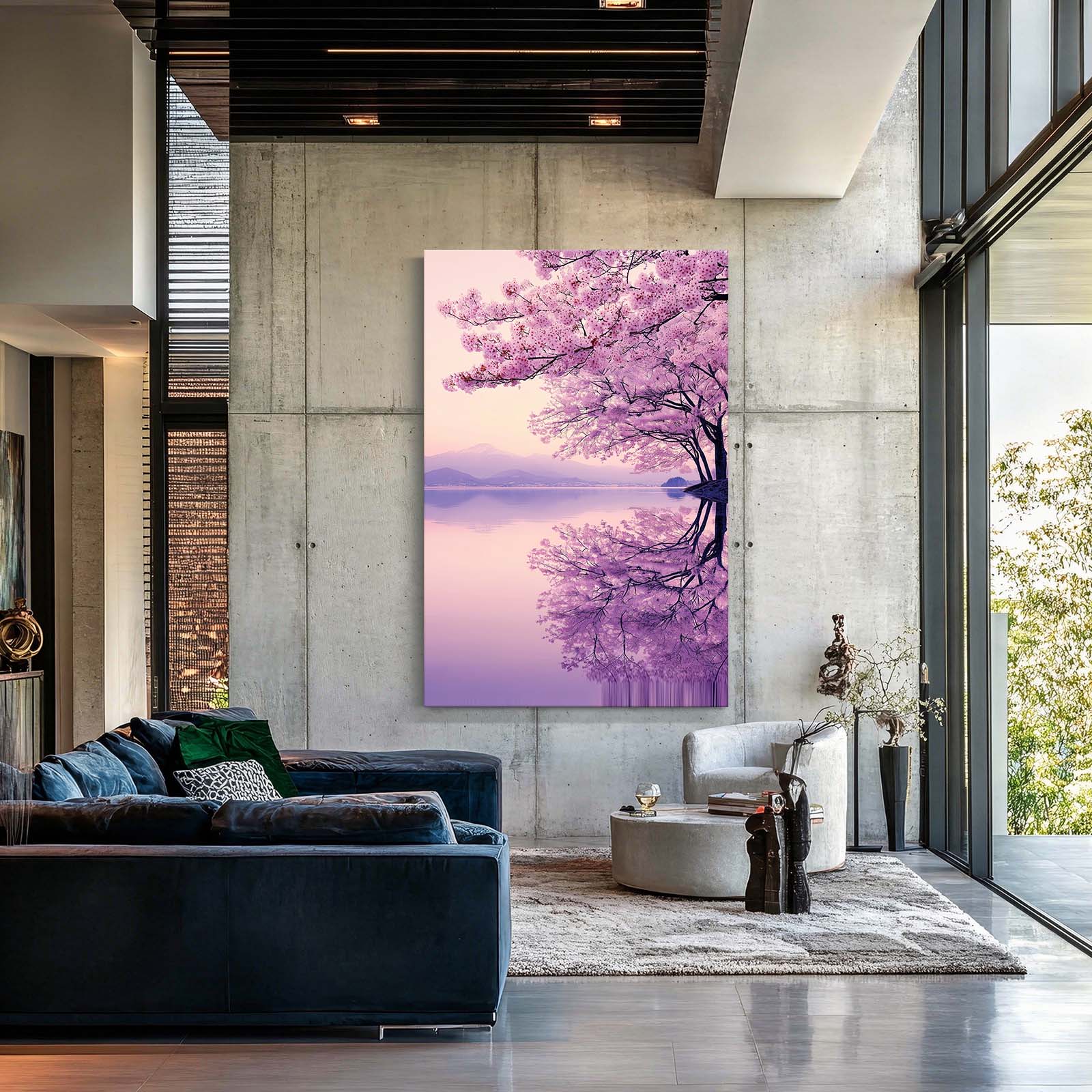 Lilac Lake Mist Cherry Blossom Wall Art – styled in a furnished interior