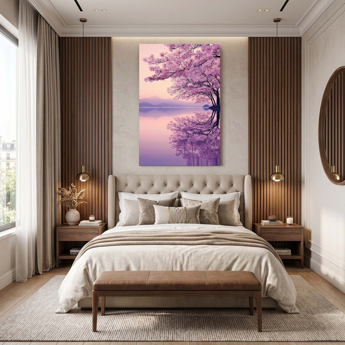 Lilac Lake Mist Cherry Blossom Wall Art – styled in a furnished interior