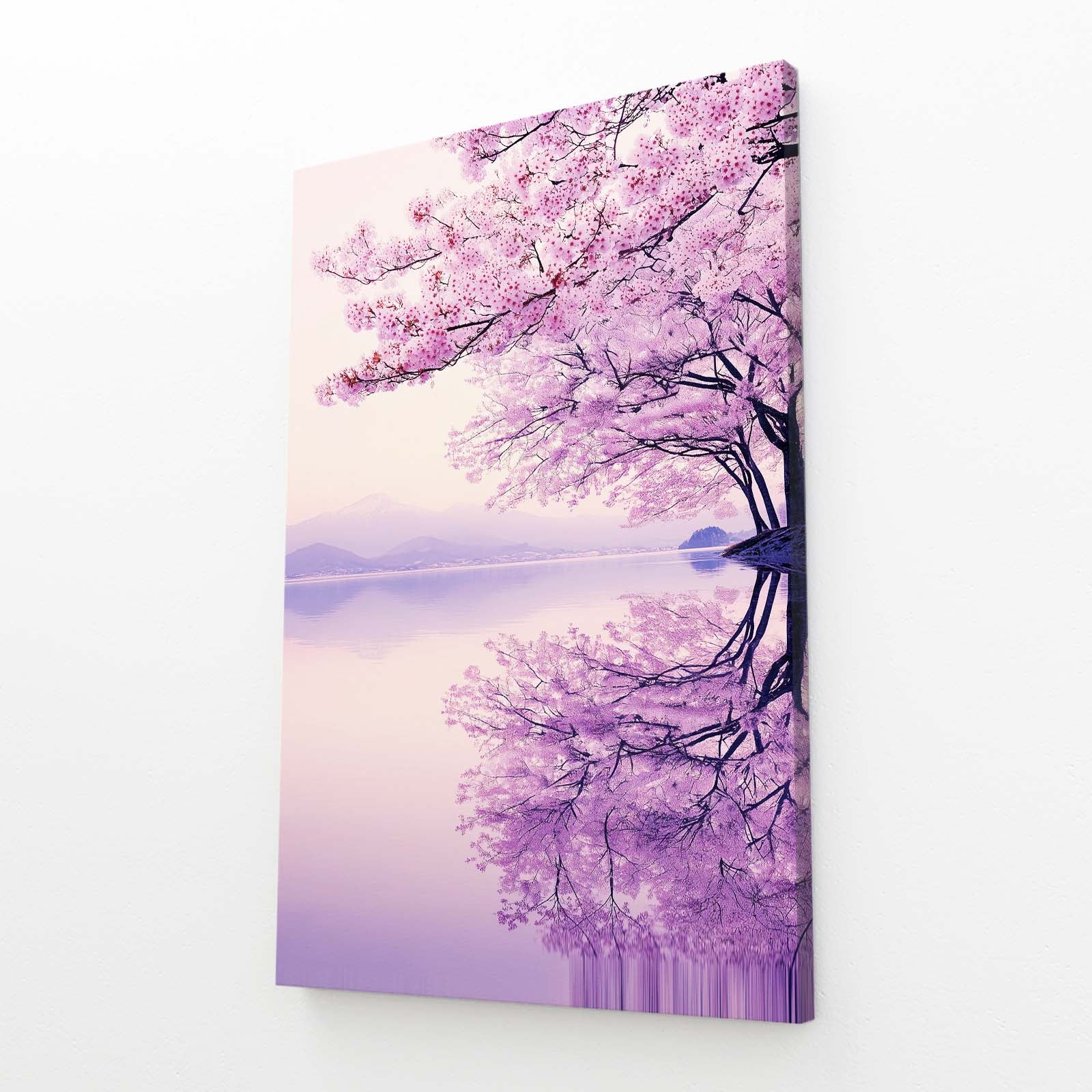 Lilac Lake Mist Cherry Blossom Wall Art – angled canvas view on white background