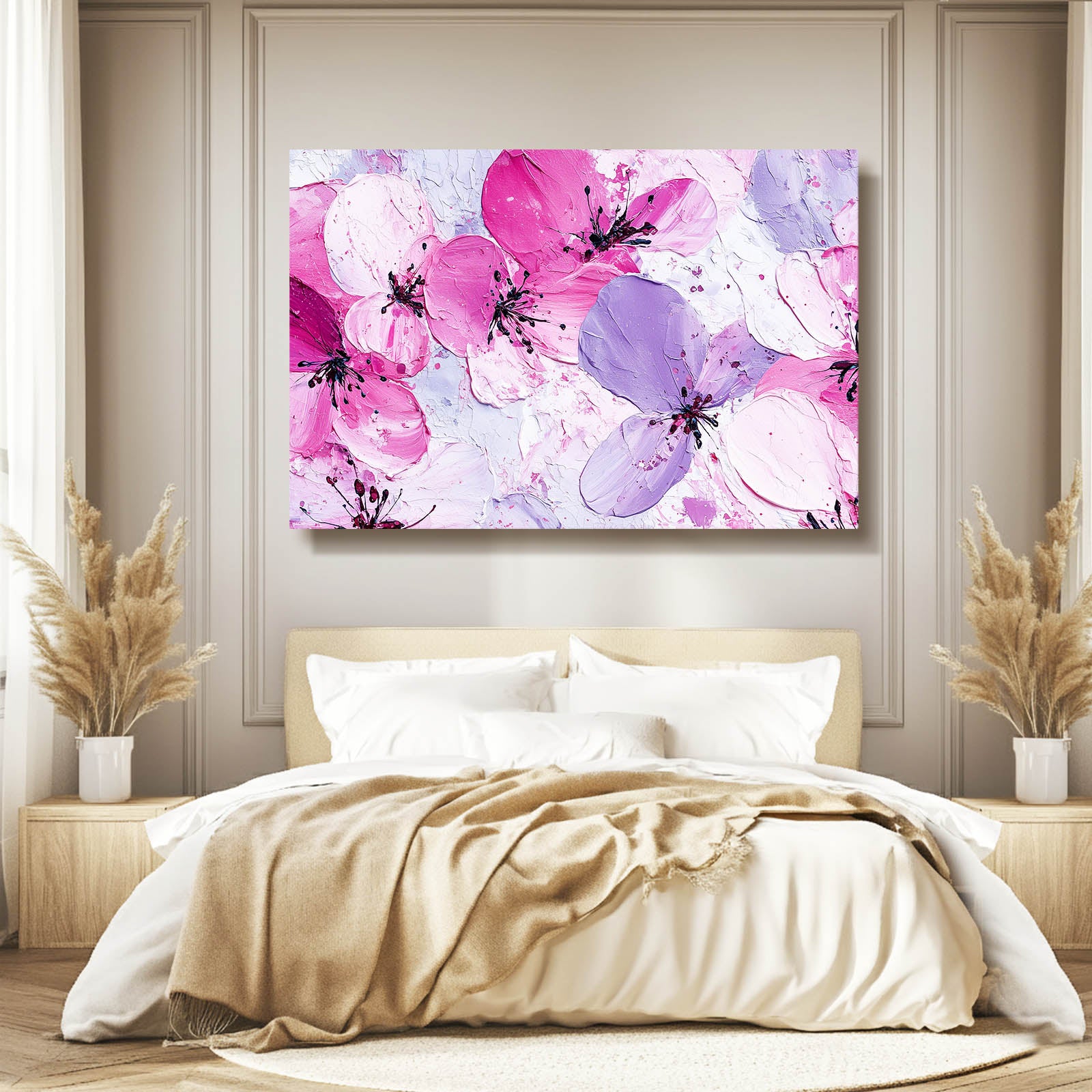Lilac Petal Wash Cherry Blossom Art – styled in a furnished interior