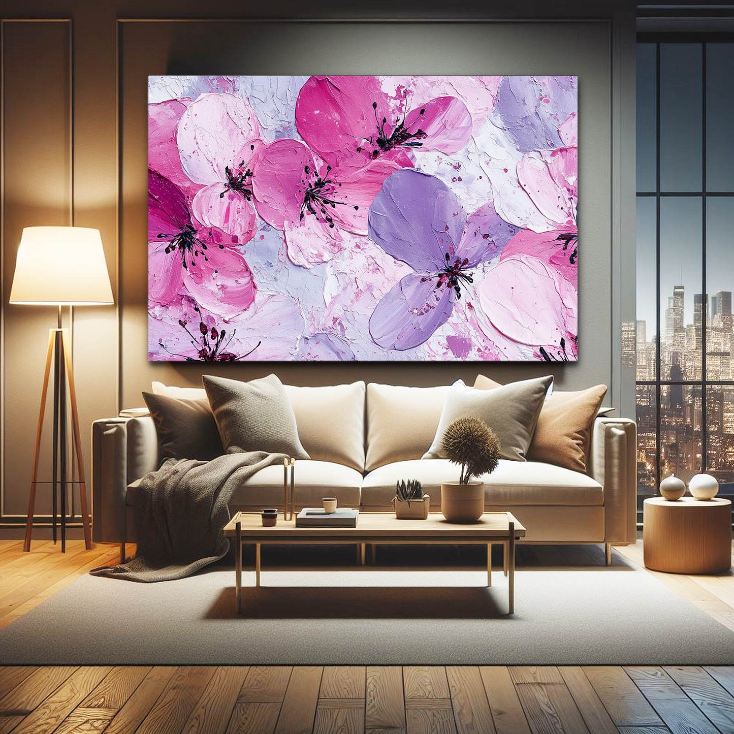 Lilac Petal Wash Cherry Blossom Art – styled in a furnished interior