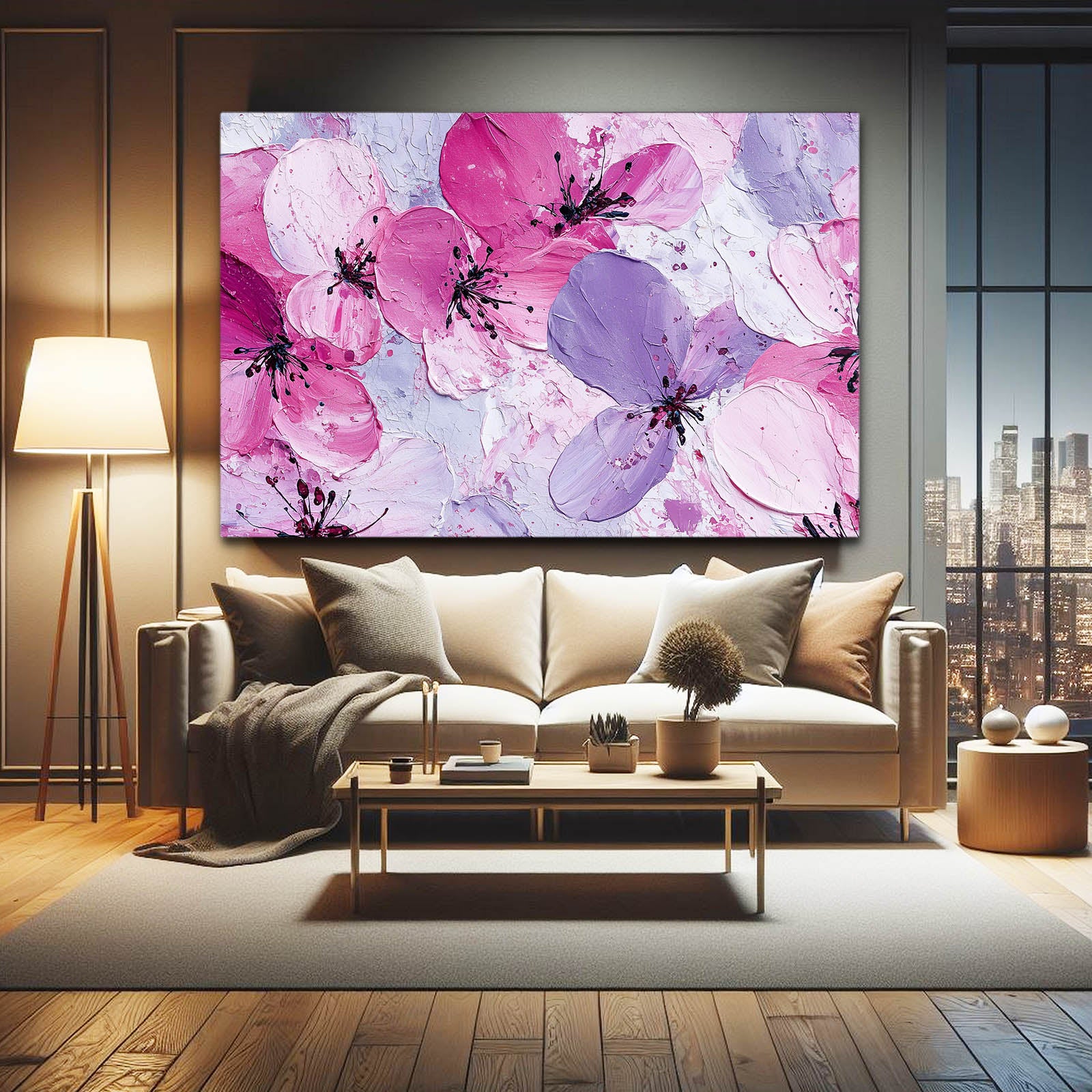 Lilac Petal Wash Cherry Blossom Art – styled in a furnished interior