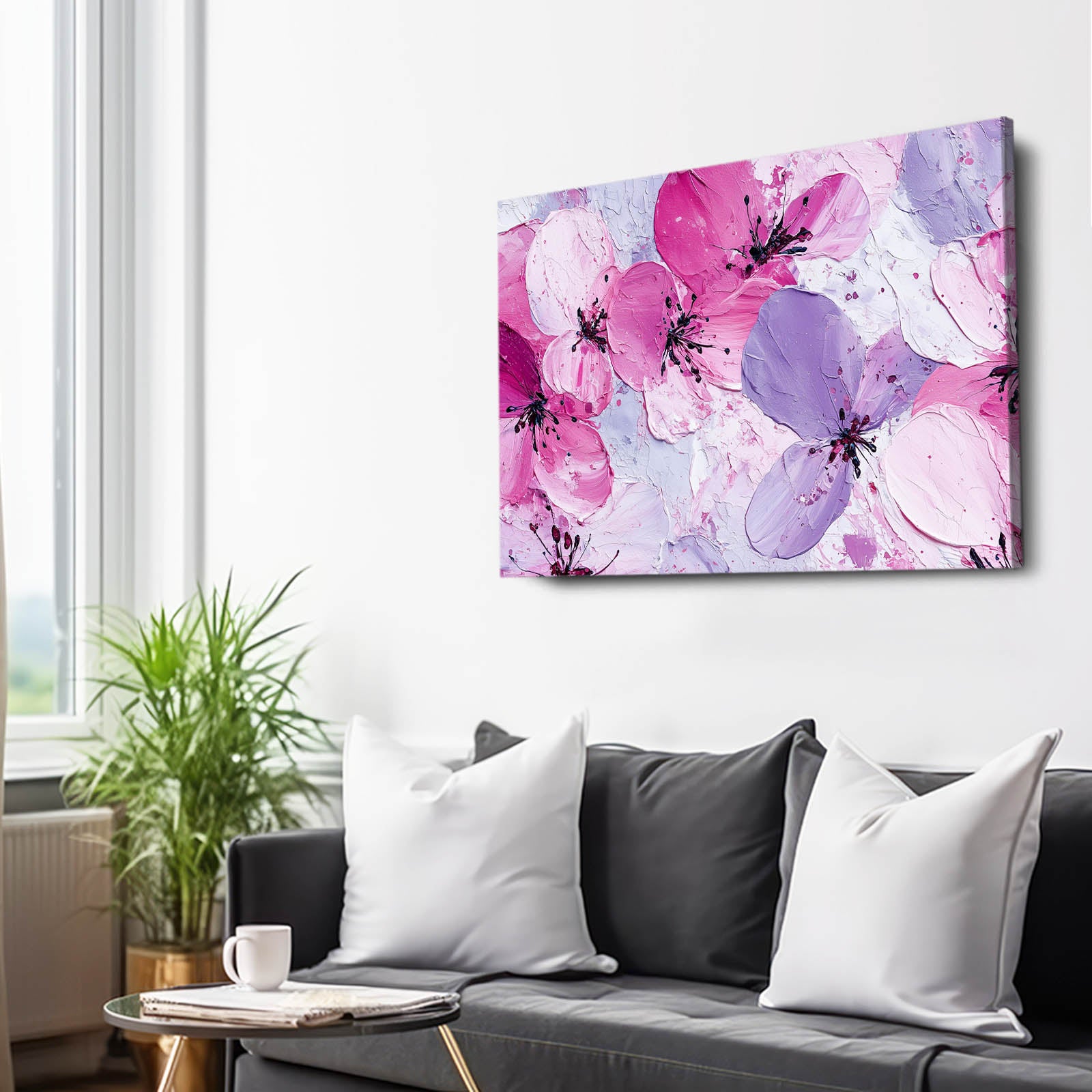 Lilac Petal Wash Cherry Blossom Art – styled in a furnished interior