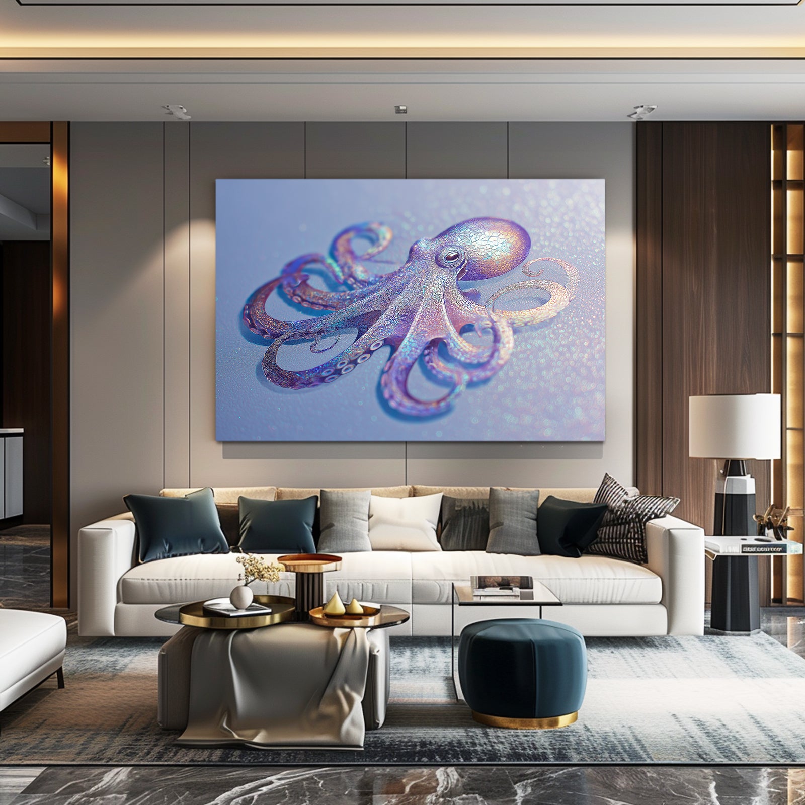 Lilac Reef Glide Octopus Canvas – styled in a furnished interior