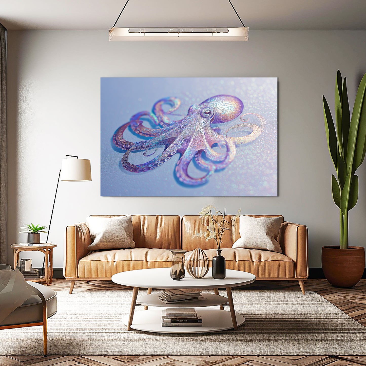 Lilac Reef Glide Octopus Canvas – styled in a furnished interior