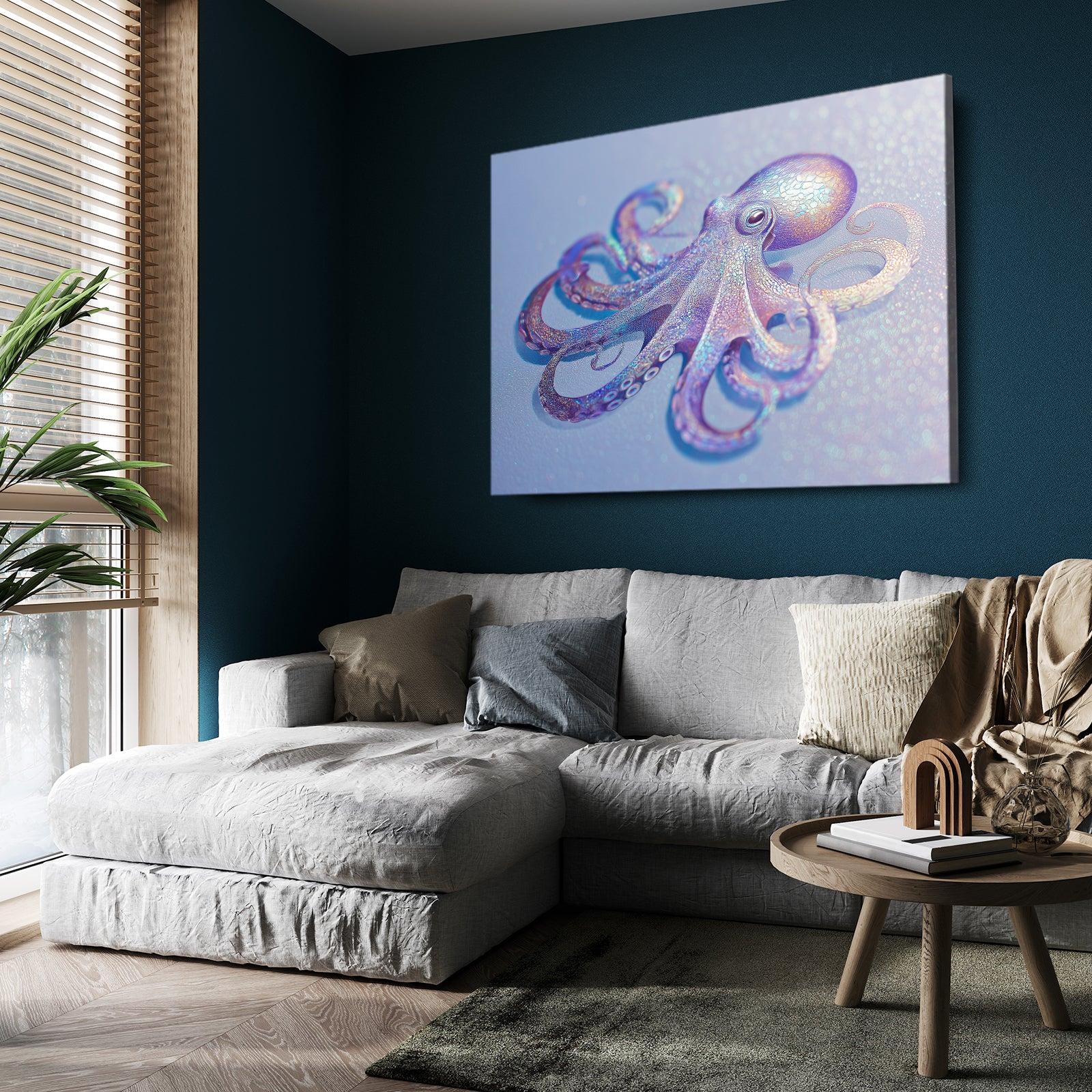 Lilac Reef Glide Octopus Canvas – styled in a furnished interior