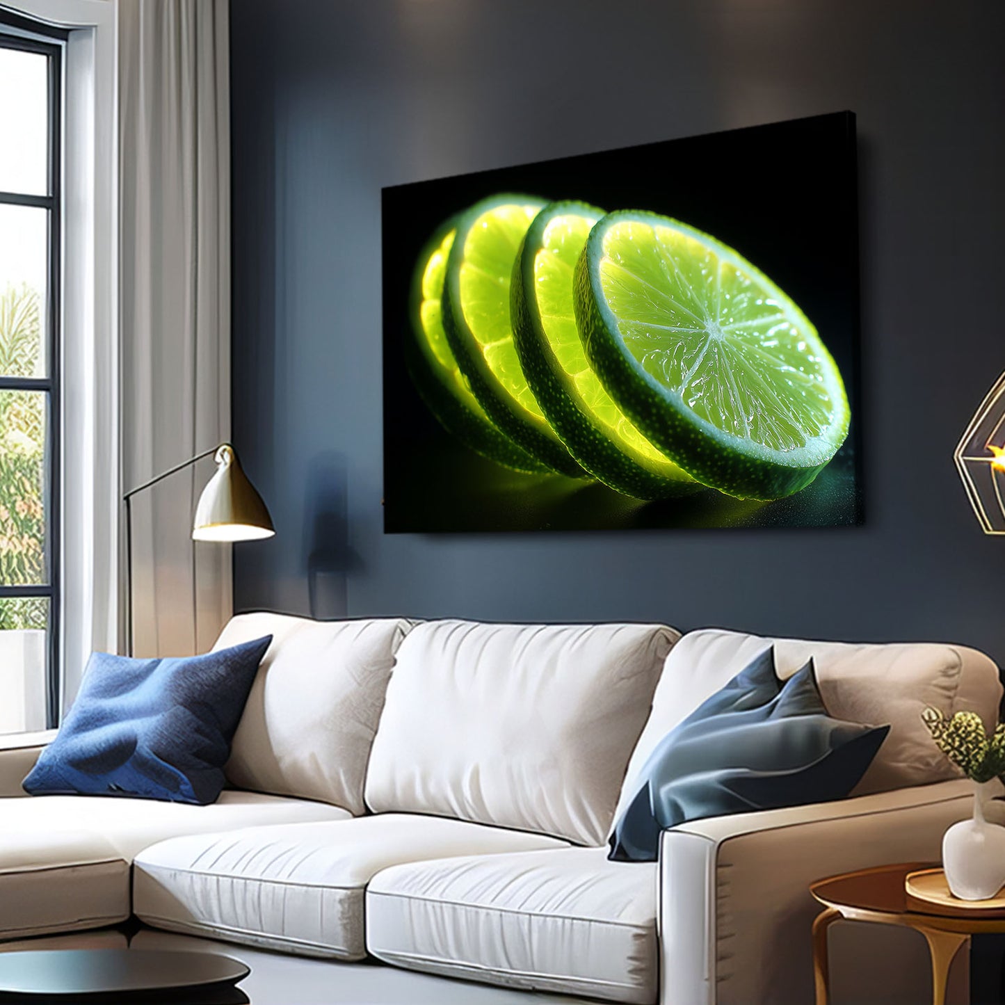 Lime Slices Black Fruit Canvas – styled in a furnished interior