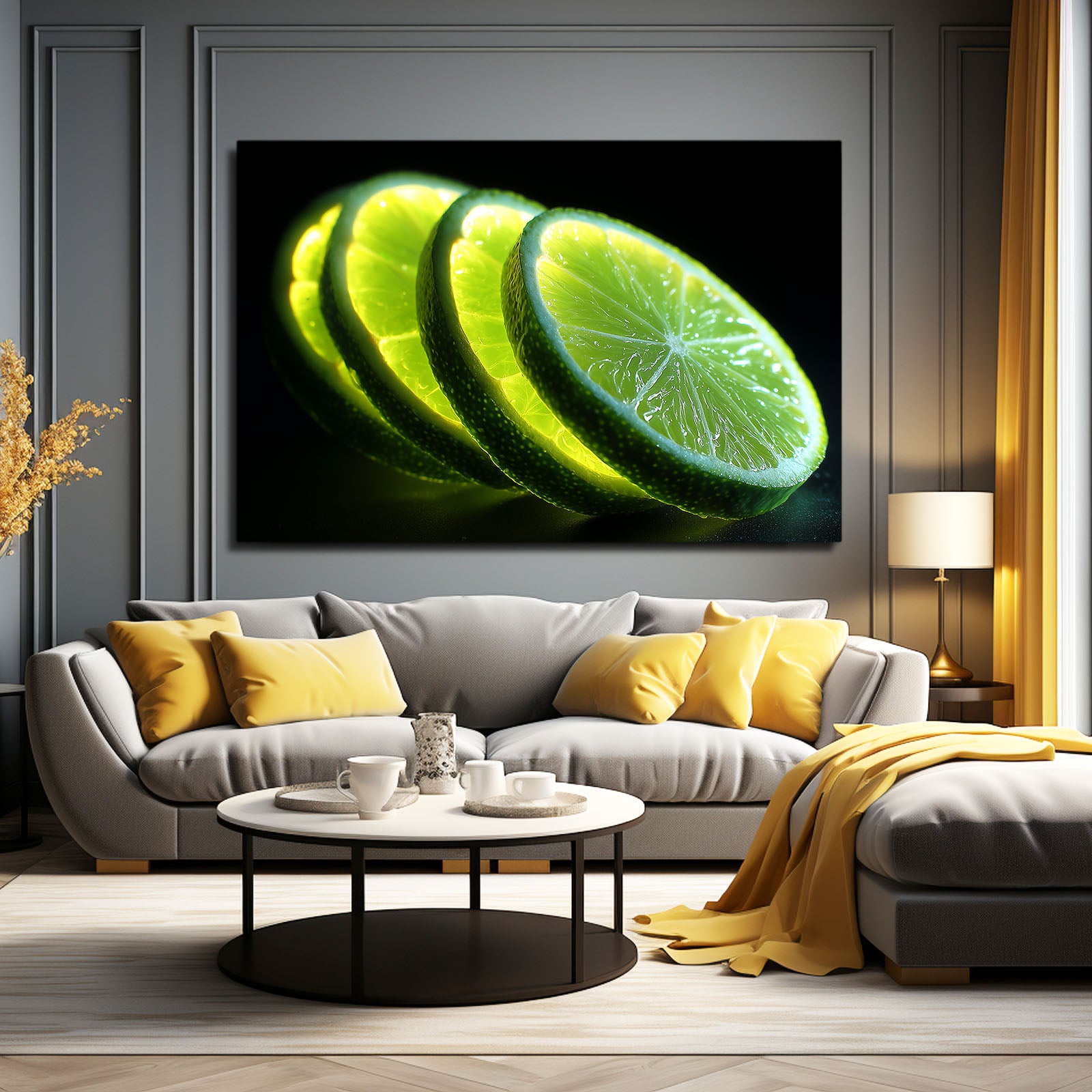 Lime Slices Black Fruit Canvas – styled in a furnished interior