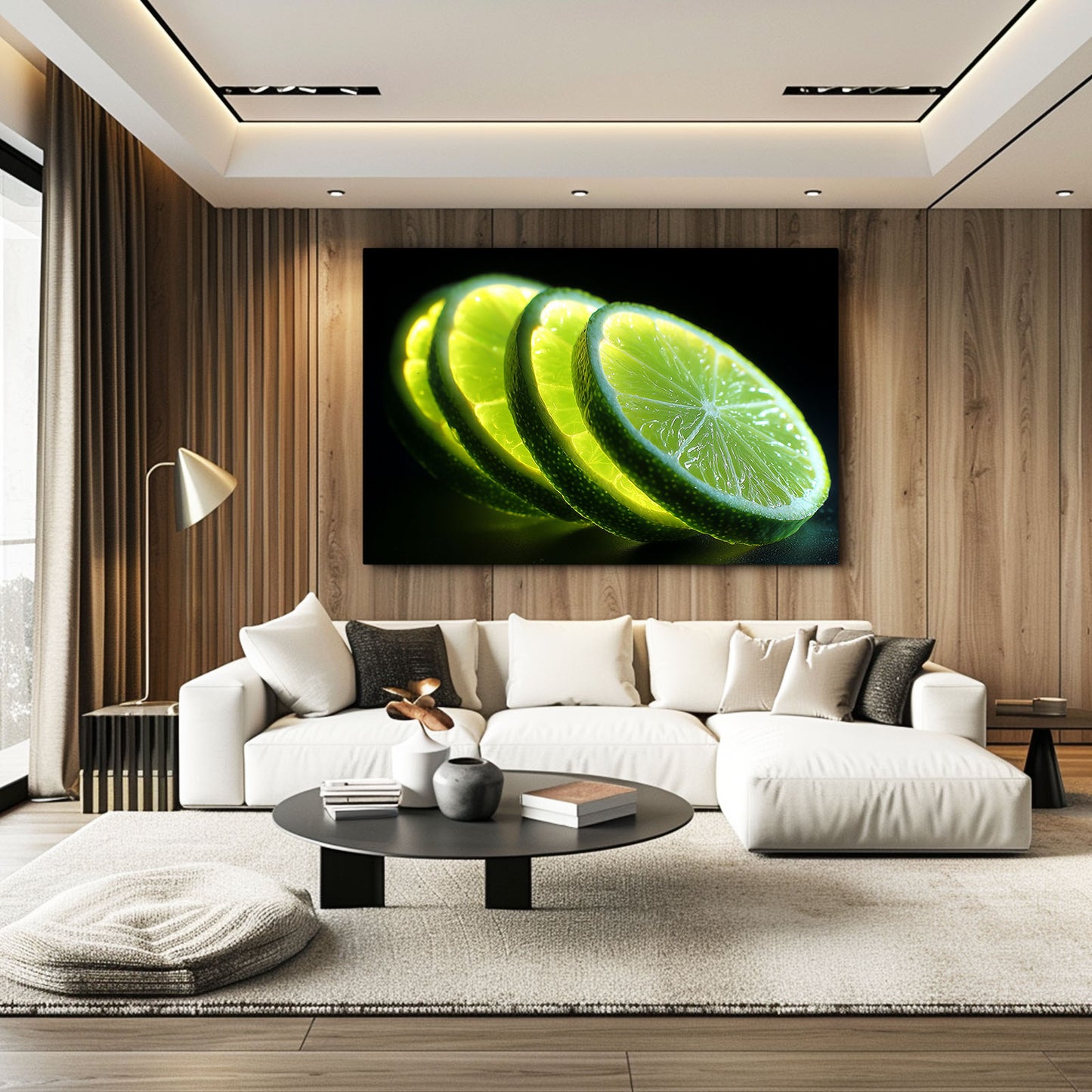 Lime Slices Black Fruit Canvas – styled in a furnished interior