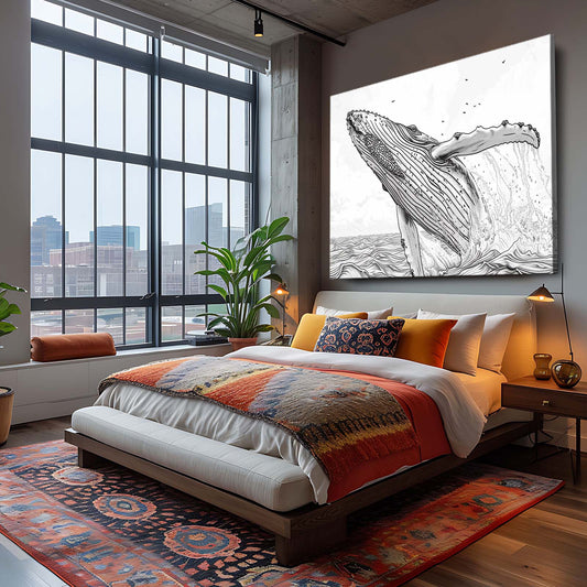 Line Art Black And White Whale Art — black and white canvas print in white tones, view 3