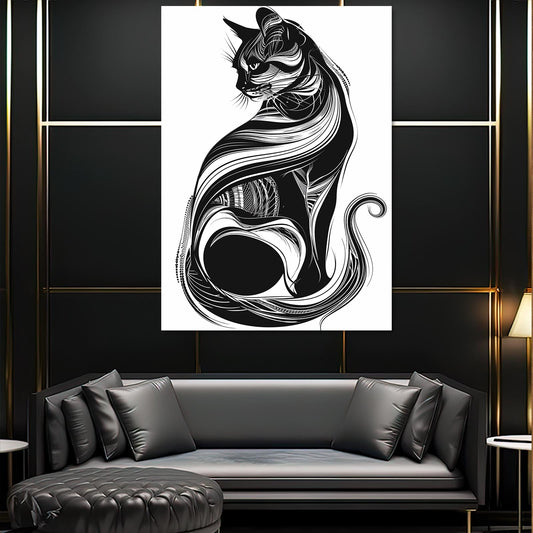 Line Art Cat Wall Art — black and white canvas print in white tones, view 3