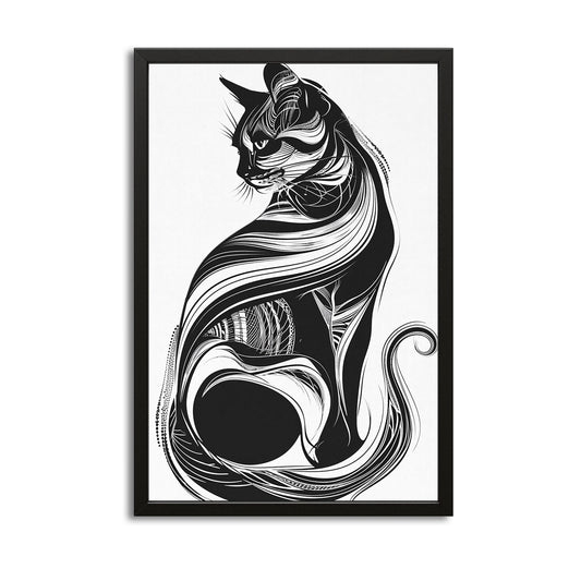 Line Art Cat Wall Art — black and white canvas print in white tones, with Premium Black frame on white background
