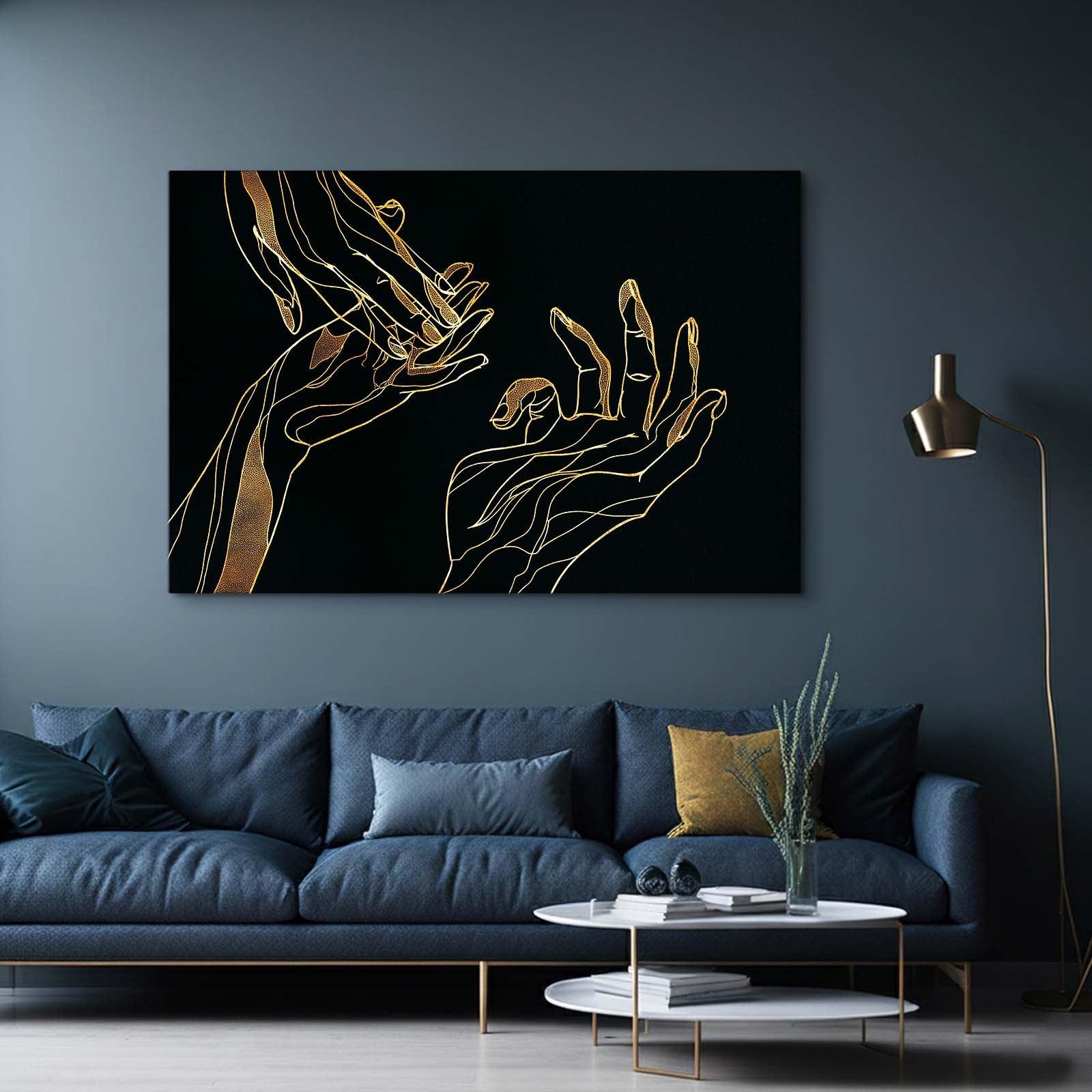 Line Art Hands Gold Wall Art – styled in a furnished interior