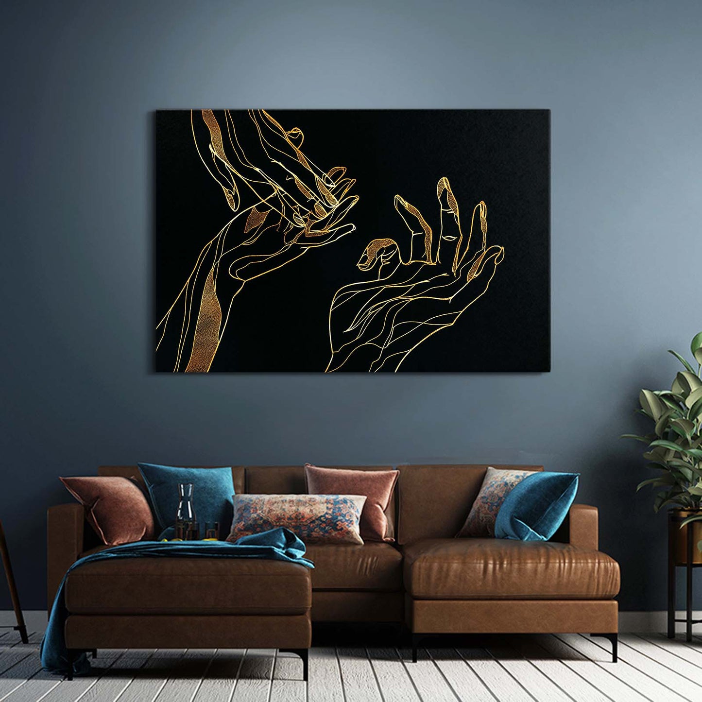 Line Art Hands Gold Wall Art – styled in a furnished interior