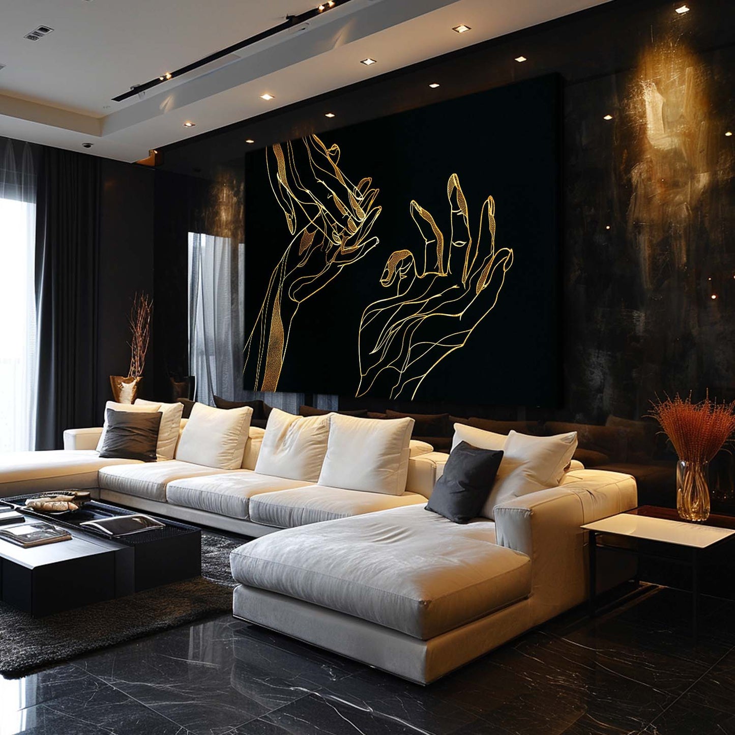 Line Art Hands Gold Wall Art – styled in a furnished interior