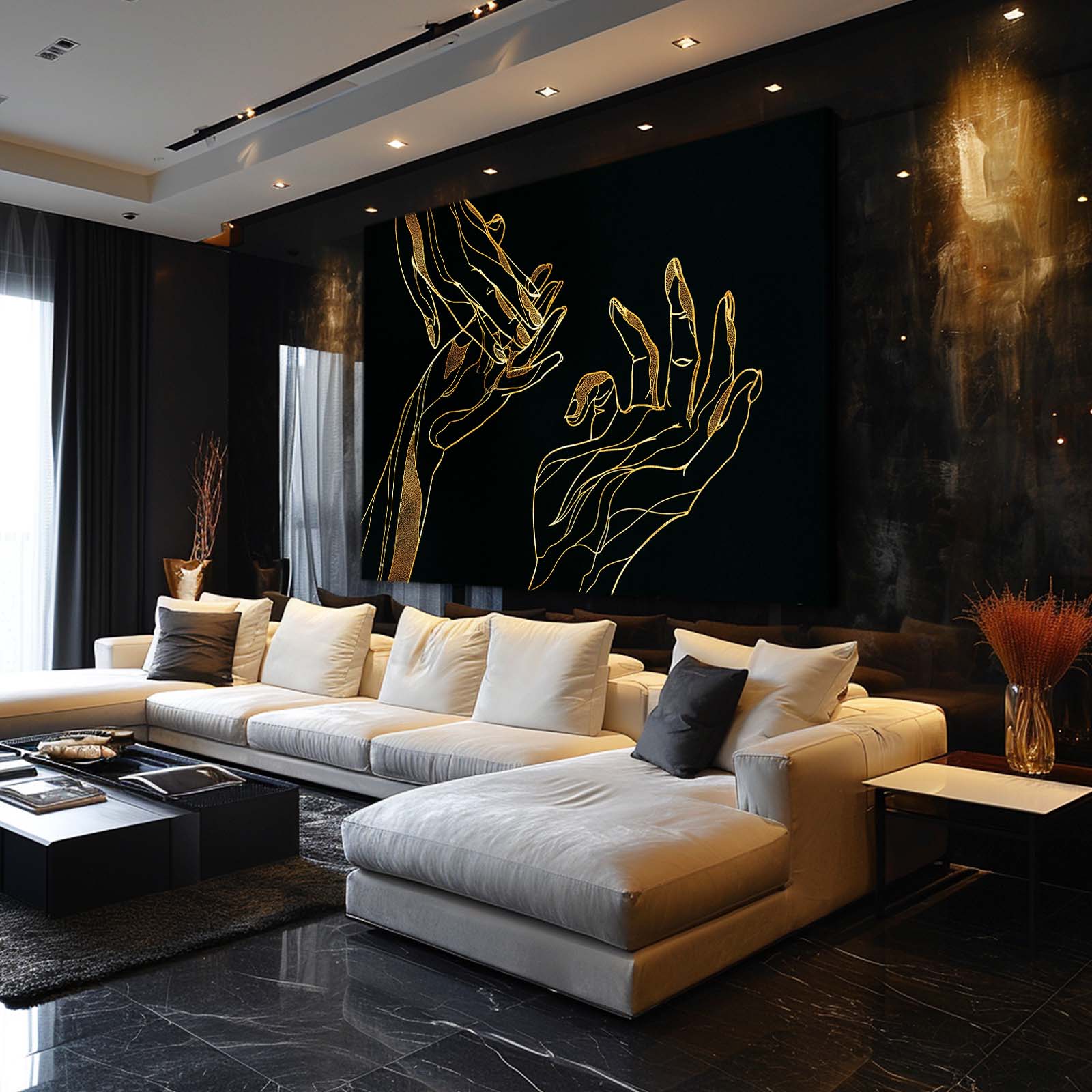 Line Art Hands Gold Wall Art – styled in a furnished interior