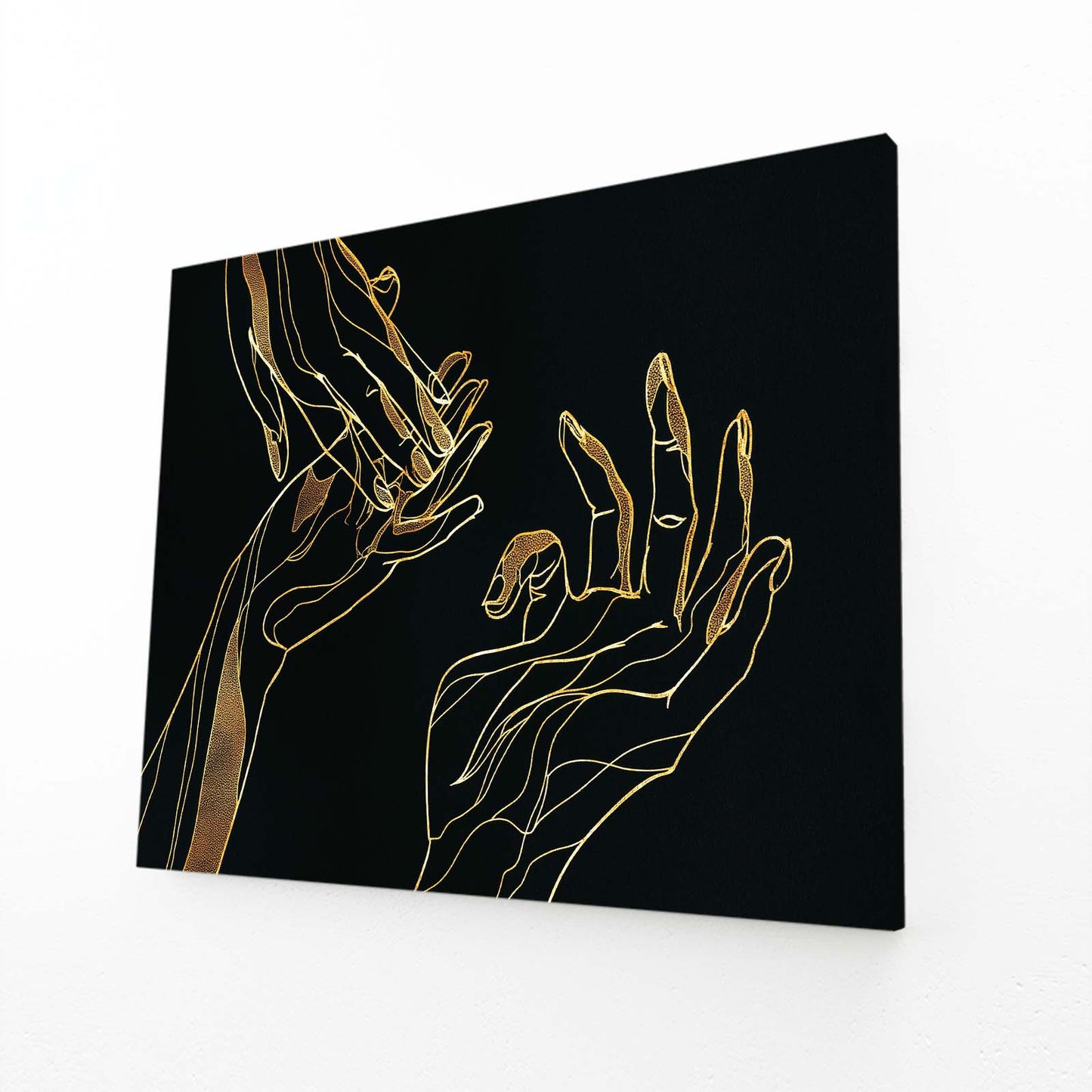 Line Art Hands Gold Wall Art – angled canvas view on white background