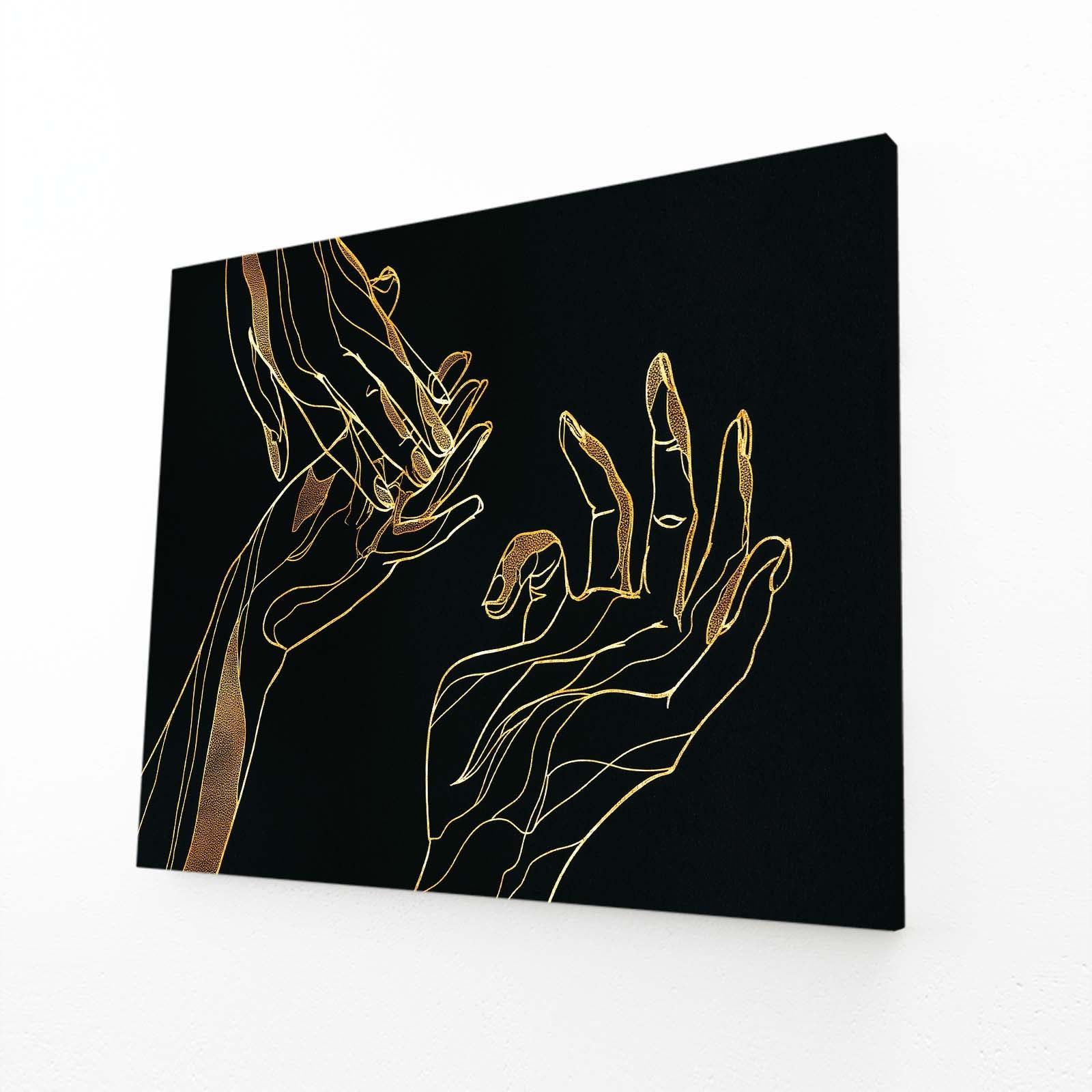 Line Art Hands Gold Wall Art – angled canvas view on white background
