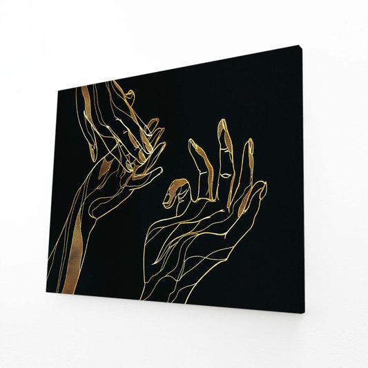 Line Art Hands Gold Wall Art – angled canvas view on white background