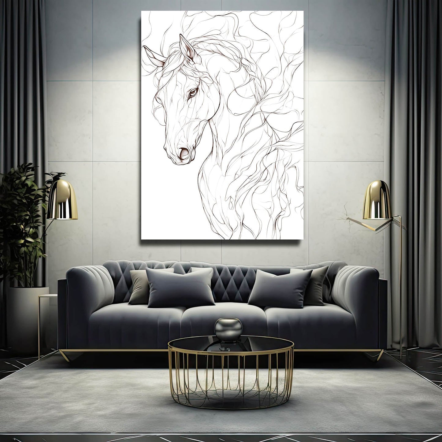 Line Art Horse Prints – angled canvas view on white background