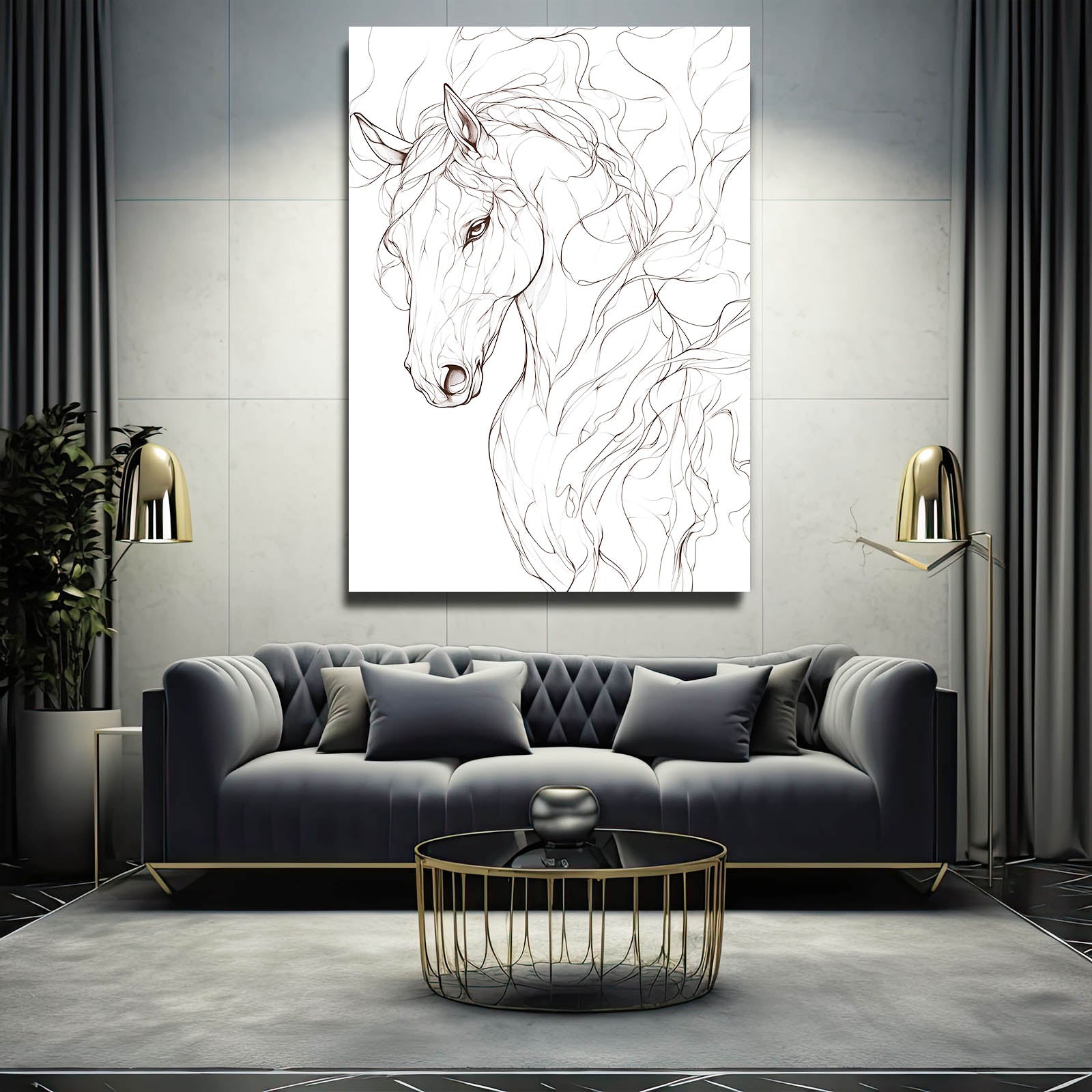 Line Art Horse Prints – angled canvas view on white background