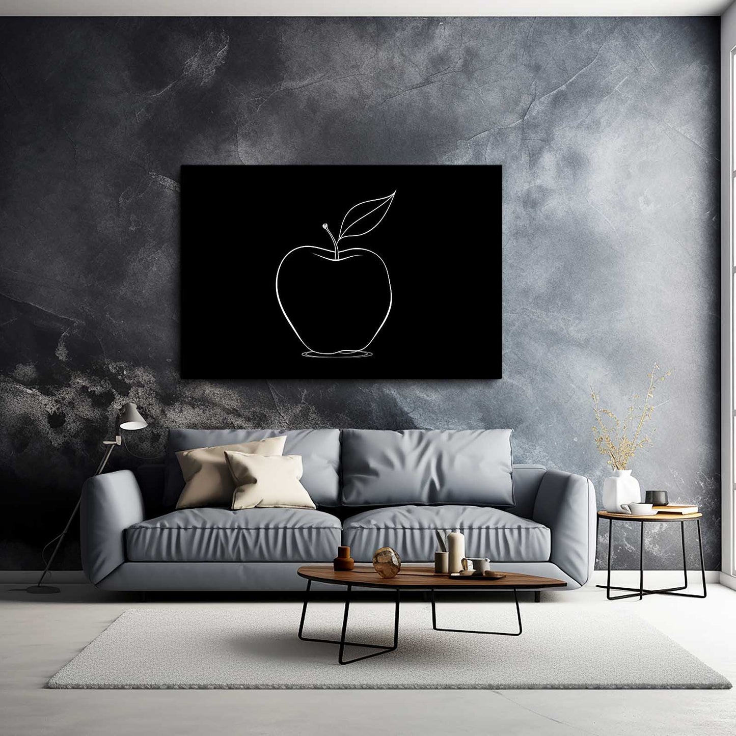 Line Art On Black Apple Wall Art – styled in a furnished interior