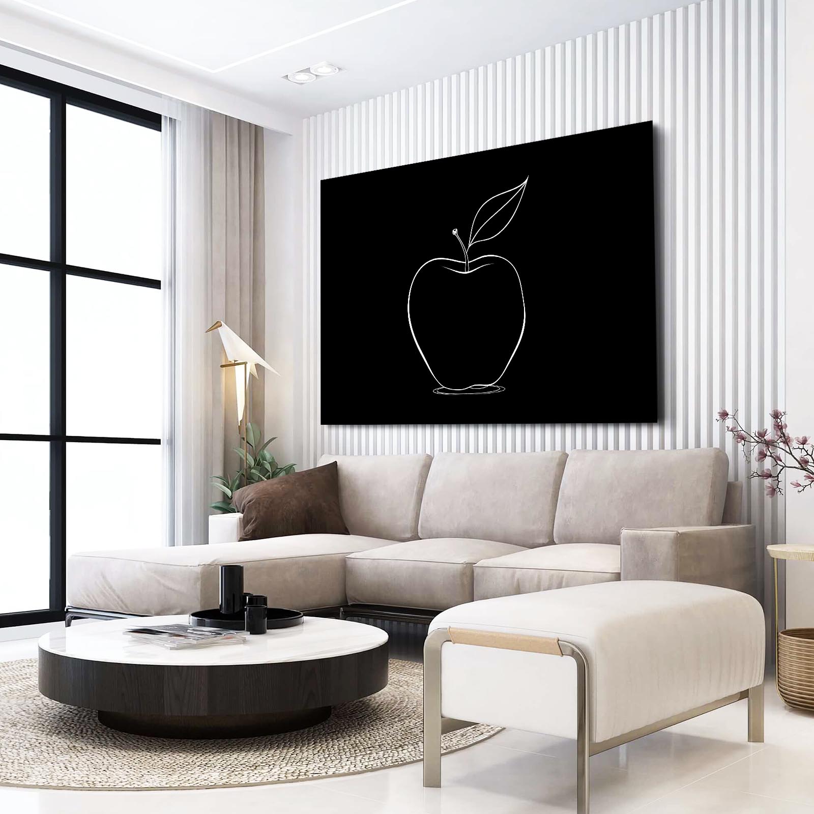 Line Art On Black Apple Wall Art – styled in a furnished interior