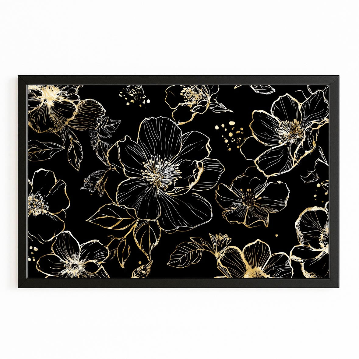 Line Bloom Pattern Gold Art – with Premium Black frame on white background