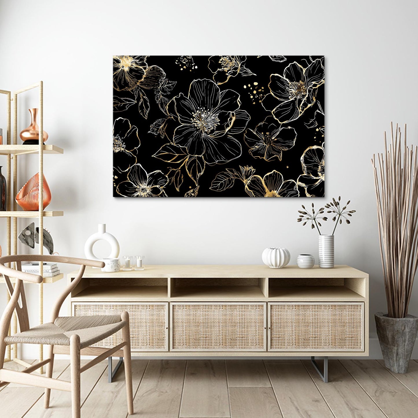 Line Bloom Pattern Gold Art – styled in a furnished interior