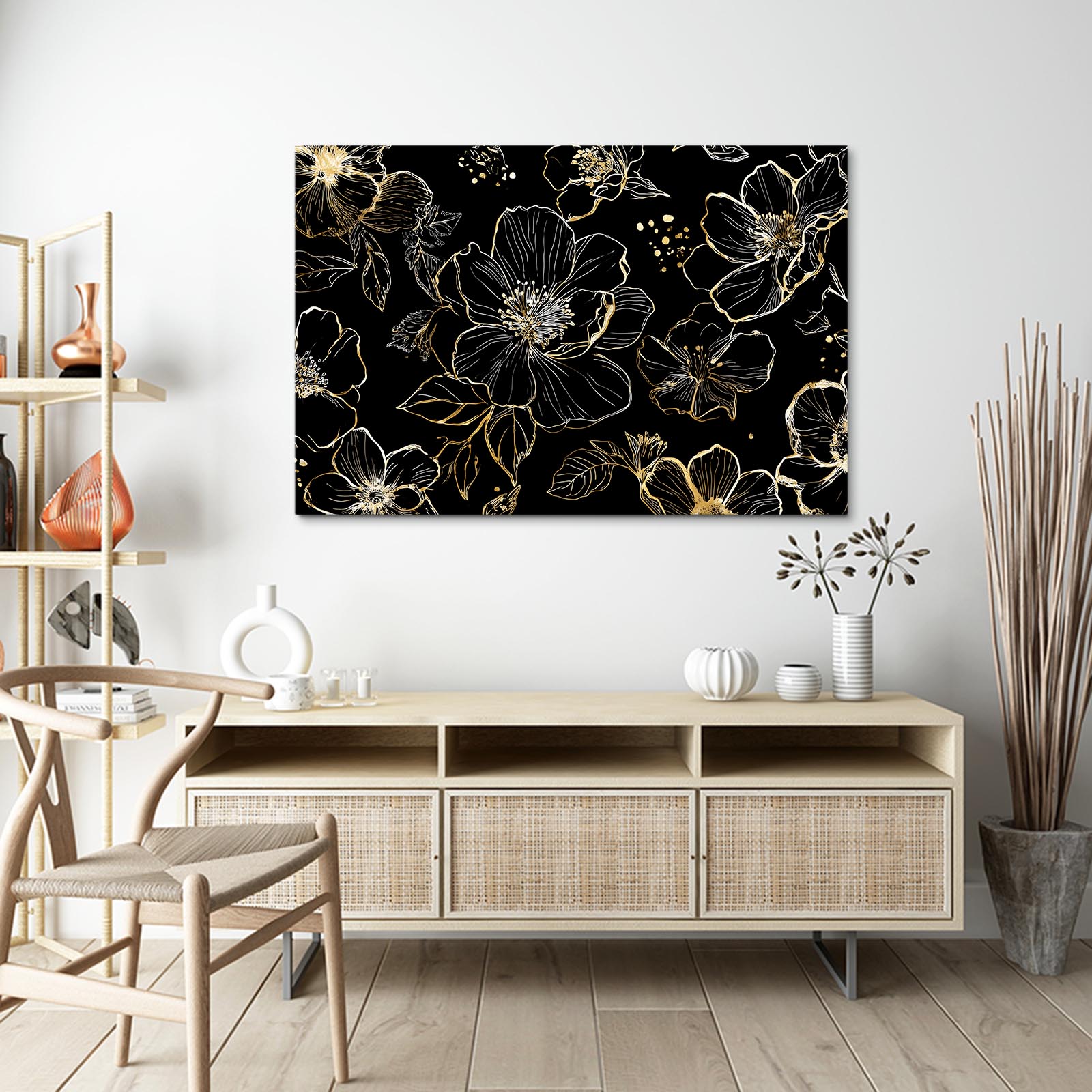 Line Bloom Pattern Gold Art – styled in a furnished interior