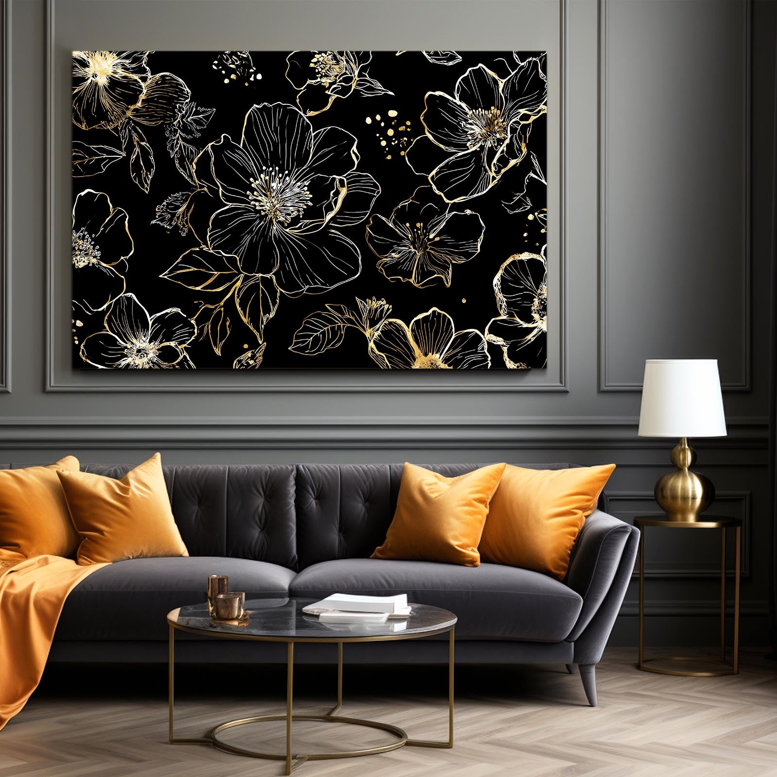 Line Bloom Pattern Gold Art – styled in a furnished interior