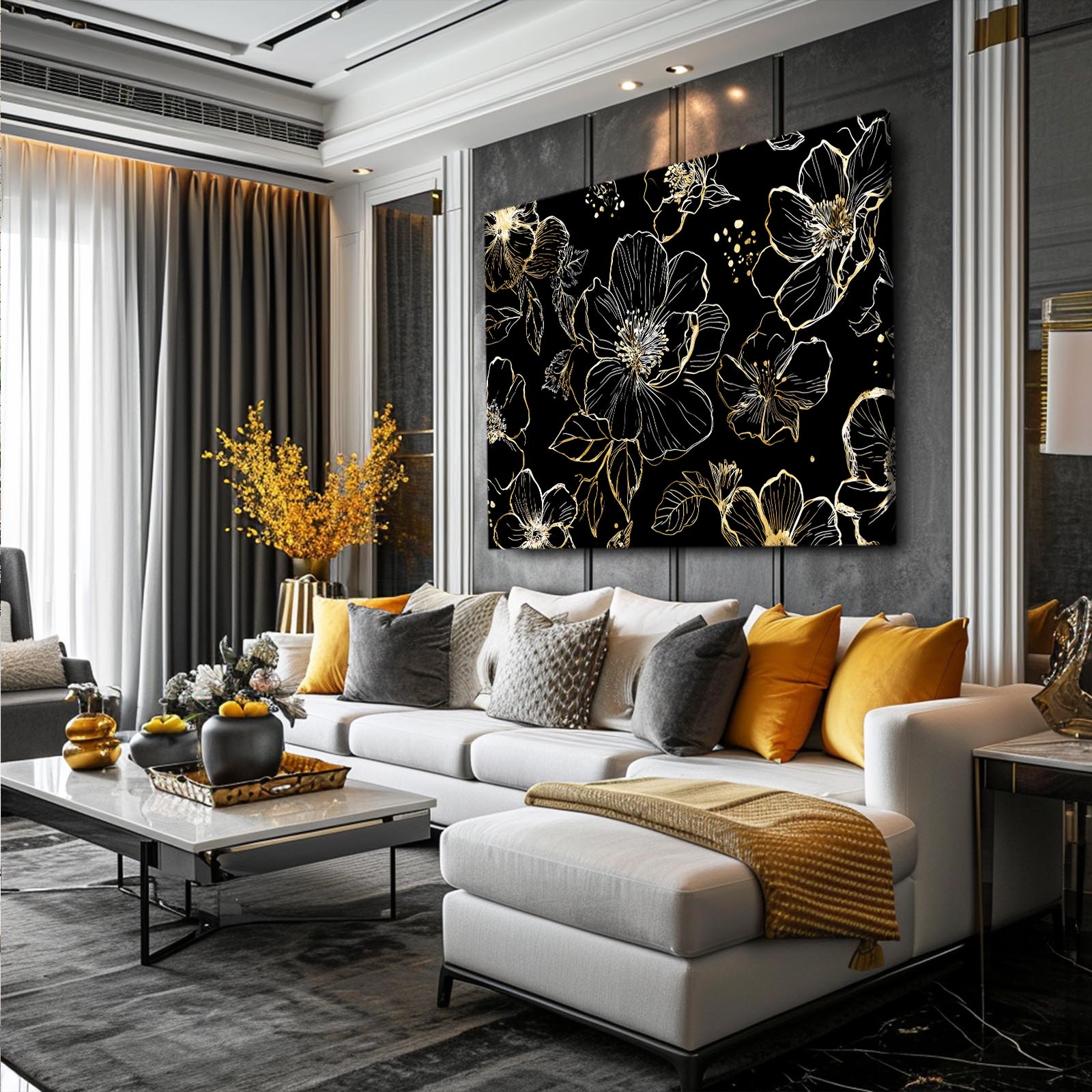 Line Bloom Pattern Gold Art – styled in a furnished interior