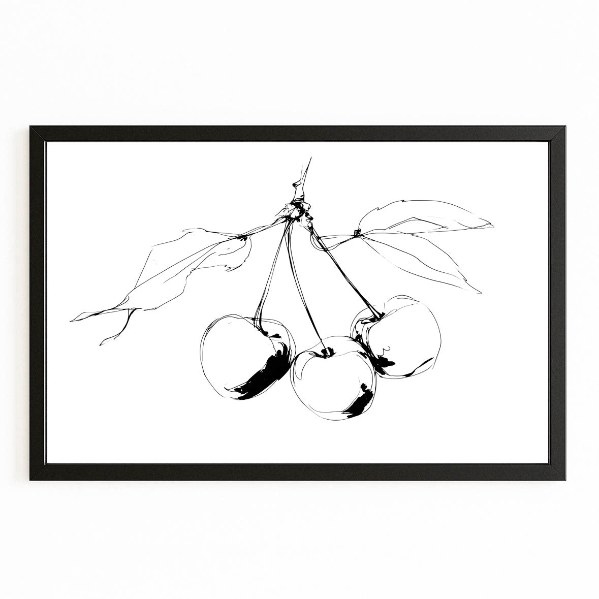 Line Cherry Sketch Fruit Wall Art – with Premium Black frame on white background