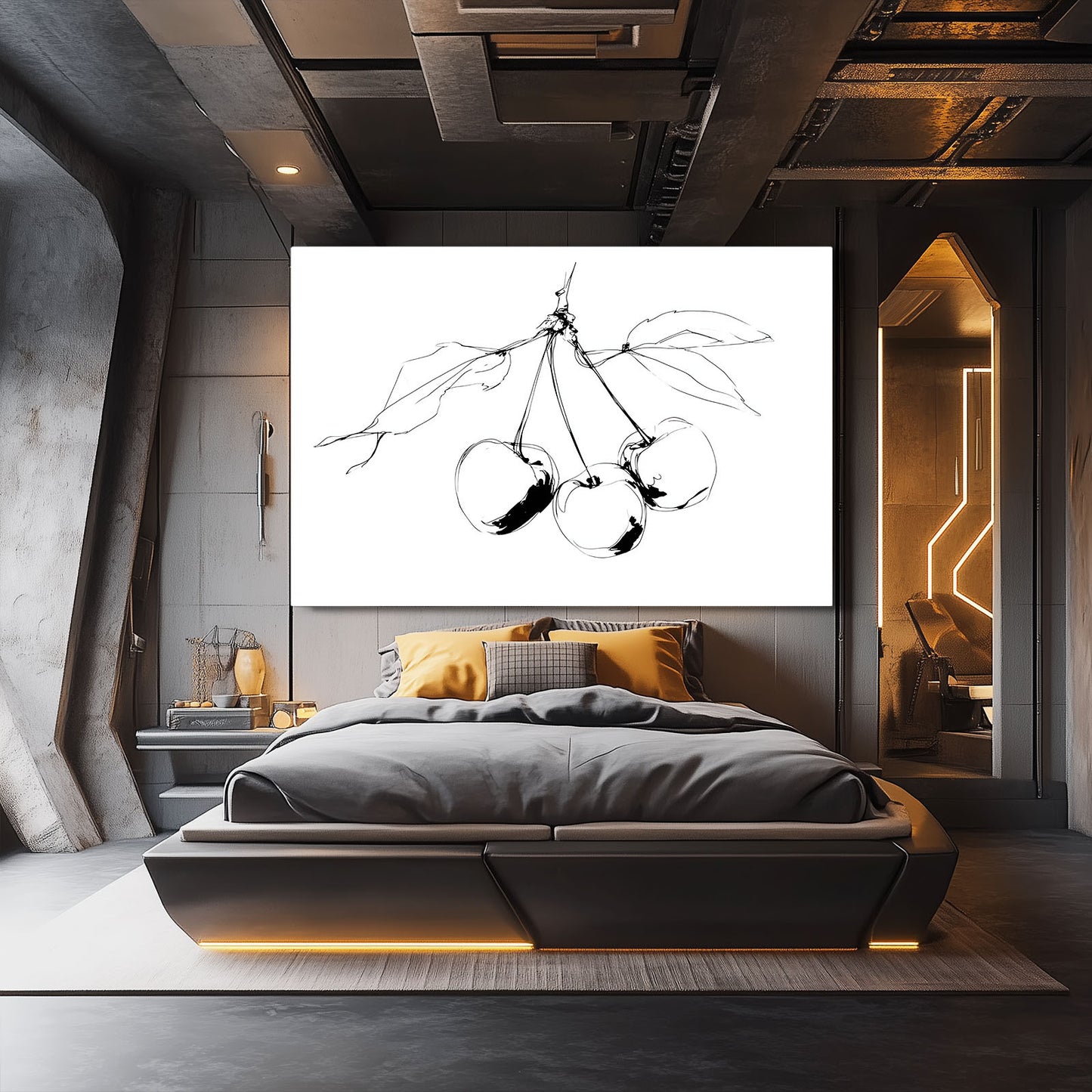 Line Cherry Sketch Fruit Wall Art – styled in a furnished interior